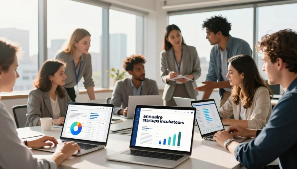 A visually engaging representation of "annuaire startups incubateurs," featuring a modern, digital workspace. In the foreground, stylish laptops and tablets display interactive graphs and charts related to innovative startups. In the middle ground, a diverse group of professionals in business attire is discussing and collaborating, highlighting teamwork in a vibrant office environment. The background showcases large windows with city skyline views, bathed in warm, natural sunlight, creating an uplifting atmosphere. The lighting is bright and inviting, enhancing the feeling of creativity and productivity. The overall mood conveys a sense of innovation and growth, reflecting the spirit of the French tech ecosystem. A visually engaging representation of "annuaire startups incubateurs," featuring a modern, digital workspace. In the foreground, stylish laptops and tablets display interactive graphs and charts related to innovative startups. In the middle ground, a diverse group of professionals in business attire is discussing and collaborating, highlighting teamwork in a vibrant office environment. The background showcases large windows with city skyline views, bathed in warm, natural sunlight, creating an uplifting atmosphere. The lighting is bright and inviting, enhancing the feeling of creativity and productivity. The overall mood conveys a sense of innovation and growth, reflecting the spirit of the French tech ecosystem.
