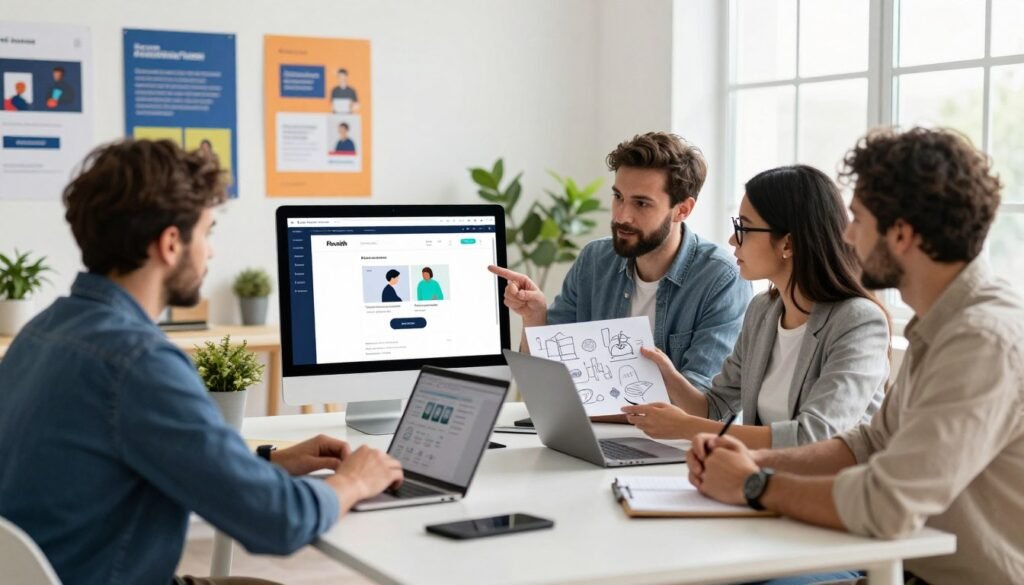 A visually engaging scene depicting diverse target user profiles for a no-code platform, Flowith. In the foreground, a group of four individuals—two men and two women—dressed in professional business attire, collaborating around a sleek modern table with laptops and notepads. The first man, an entrepreneur with a beard, is demonstrating the platform on a screen, while the second woman, a tech-savvy designer with glasses, is sketching ideas. In the middle ground, a creative workspace with colorful posters showcasing user-friendly web designs, plants adding a fresh feel. The background features a bright window with natural daylight streaming in, creating an inviting atmosphere. The mood should feel innovative and collaborative, reflecting the accessibility and empowerment of no-code development. A visually engaging scene depicting diverse target user profiles for a no-code platform, Flowith. In the foreground, a group of four individuals—two men and two women—dressed in professional business attire, collaborating around a sleek modern table with laptops and notepads. The first man, an entrepreneur with a beard, is demonstrating the platform on a screen, while the second woman, a tech-savvy designer with glasses, is sketching ideas. In the middle ground, a creative workspace with colorful posters showcasing user-friendly web designs, plants adding a fresh feel. The background features a bright window with natural daylight streaming in, creating an inviting atmosphere. The mood should feel innovative and collaborative, reflecting the accessibility and empowerment of no-code development.