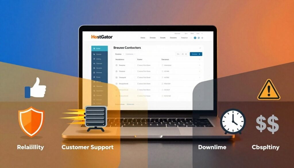 A visually engaging scene depicting the advantages and disadvantages of web hosting, specifically focused on HostGator. In the foreground, a split-screen design shows two contrasting sides: on the left, vibrant images representing advantages like reliability, customer support, and speed, illustrated with symbols like a thumbs-up, a shield, and a speedy server icon. On the right, muted visuals showcasing disadvantages such as occasional downtime, pricing concerns, and complexity, represented by a warning sign, a clock, and dollar signs. The middle layer features a stylish laptop with a clear interface of a web hosting dashboard, illuminated by soft, focused lighting. The background includes a gradient of blue and orange hues, creating an inviting yet professional atmosphere. The image should feel informative and balanced without any text or branding elements. A visually engaging scene depicting the advantages and disadvantages of web hosting, specifically focused on HostGator. In the foreground, a split-screen design shows two contrasting sides: on the left, vibrant images representing advantages like reliability, customer support, and speed, illustrated with symbols like a thumbs-up, a shield, and a speedy server icon. On the right, muted visuals showcasing disadvantages such as occasional downtime, pricing concerns, and complexity, represented by a warning sign, a clock, and dollar signs. The middle layer features a stylish laptop with a clear interface of a web hosting dashboard, illuminated by soft, focused lighting. The background includes a gradient of blue and orange hues, creating an inviting yet professional atmosphere. The image should feel informative and balanced without any text or branding elements.