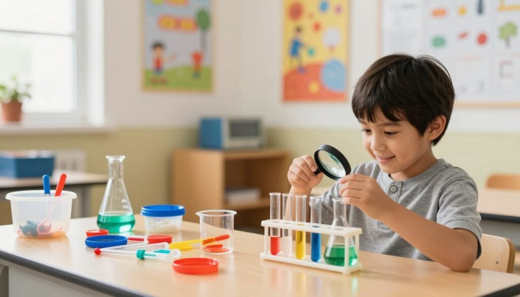 A visually engaging split-scene image illustrating the advantages and disadvantages of science kits for children. In the foreground, a cheerful child in modest casual clothing conducts an experiment with colorful beakers and a magnifying glass, showcasing curiosity. The middle ground features a table displaying various science kit components, some neatly organized, while others are scattered, hinting at challenges. In the background, a bright classroom with colorful educational posters and a window letting in warm natural light creates an inviting atmosphere. The lighting should be soft and inviting, emphasizing a sense of exploration and learning. The overall mood is light-hearted yet informative, capturing the essence of discovery in science through play. A visually engaging split-scene image illustrating the advantages and disadvantages of science kits for children. In the foreground, a cheerful child in modest casual clothing conducts an experiment with colorful beakers and a magnifying glass, showcasing curiosity. The middle ground features a table displaying various science kit components, some neatly organized, while others are scattered, hinting at challenges. In the background, a bright classroom with colorful educational posters and a window letting in warm natural light creates an inviting atmosphere. The lighting should be soft and inviting, emphasizing a sense of exploration and learning. The overall mood is light-hearted yet informative, capturing the essence of discovery in science through play.
