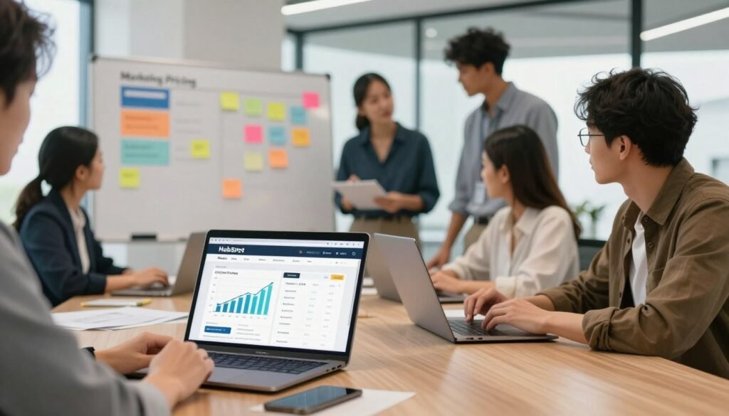 A visually engaging tableau depicting a modern workspace focused on HubSpot pricing. In the foreground, a laptop open to the HubSpot pricing page, with financial charts and graphs displayed on the screen. To the side, a professional, diverse team of businesspeople dressed in smart casual attire, deep in discussion over various marketing strategies. In the middle ground, large, clear whiteboards with colorful sticky notes highlighting marketing tactics and pricing tiers. The background showcases a sleek office environment, bathed in natural light from large windows. The overall mood is collaborative and focused, emphasizing professionalism and strategy. Use a soft focus lens effect to create a warm and inviting atmosphere, complemented by bright yet balanced lighting to enhance clarity and detail. A visually engaging tableau depicting a modern workspace focused on HubSpot pricing. In the foreground, a laptop open to the HubSpot pricing page, with financial charts and graphs displayed on the screen. To the side, a professional, diverse team of businesspeople dressed in smart casual attire, deep in discussion over various marketing strategies. In the middle ground, large, clear whiteboards with colorful sticky notes highlighting marketing tactics and pricing tiers. The background showcases a sleek office environment, bathed in natural light from large windows. The overall mood is collaborative and focused, emphasizing professionalism and strategy. Use a soft focus lens effect to create a warm and inviting atmosphere, complemented by bright yet balanced lighting to enhance clarity and detail.