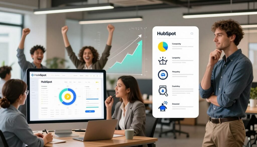 A visually striking and balanced illustration highlighting the advantages and limits of HubSpot. In the foreground, depict a split scene: on the left, a diverse group of professionals in business attire cheerfully engaging with a large, user-friendly digital interface showcasing HubSpot’s features like analytics, automation, and CRM. On the right, a thoughtful individual, also in professional attire, stands contemplatively, observing a list of limitations with illustrations like complexity and cost. The middle ground features flowing data graphs and icons representing growth vs. constraints. The background should be a modern office setting with soft lighting that creates a productive atmosphere. Use a slight depth of field for emphasis, with a warm color palette to convey optimism balanced with realism. A visually striking and balanced illustration highlighting the advantages and limits of HubSpot. In the foreground, depict a split scene: on the left, a diverse group of professionals in business attire cheerfully engaging with a large, user-friendly digital interface showcasing HubSpot’s features like analytics, automation, and CRM. On the right, a thoughtful individual, also in professional attire, stands contemplatively, observing a list of limitations with illustrations like complexity and cost. The middle ground features flowing data graphs and icons representing growth vs. constraints. The background should be a modern office setting with soft lighting that creates a productive atmosphere. Use a slight depth of field for emphasis, with a warm color palette to convey optimism balanced with realism.