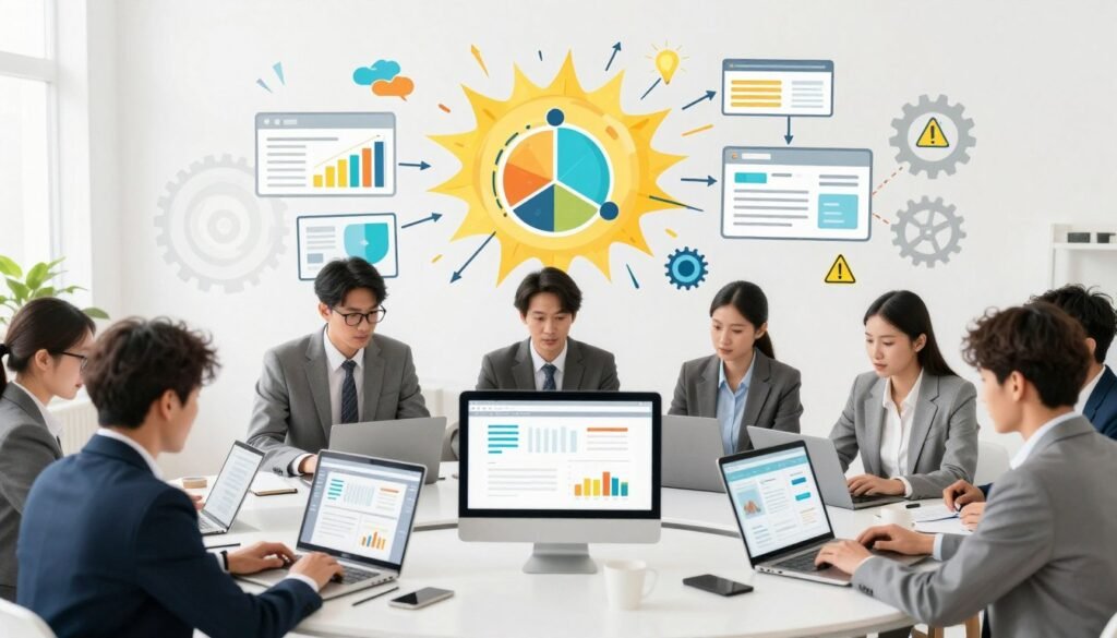 A visually striking and informative representation of the advantages and limitations of a no-code platform. In the foreground, a diverse group of professionals in business attire collaborates around a sleek, digital workspace filled with laptops and tablets displaying design interfaces. In the middle ground, illustrations of an explosion of creative ideas are depicted, such as charts, workflows, and website layouts, symbolizing the benefits of easy website creation. In contrast, subtle visuals representing challenges appear in the background, like gears and warning signs, emphasizing limitations. The lighting is bright and inviting, creating an optimistic and engaging atmosphere. The scene is captured from a slight overhead angle, using a wide lens to showcase the collaborative environment, while maintaining a clean and organized look, free of distractions. A visually striking and informative representation of the advantages and limitations of a no-code platform. In the foreground, a diverse group of professionals in business attire collaborates around a sleek, digital workspace filled with laptops and tablets displaying design interfaces. In the middle ground, illustrations of an explosion of creative ideas are depicted, such as charts, workflows, and website layouts, symbolizing the benefits of easy website creation. In contrast, subtle visuals representing challenges appear in the background, like gears and warning signs, emphasizing limitations. The lighting is bright and inviting, creating an optimistic and engaging atmosphere. The scene is captured from a slight overhead angle, using a wide lens to showcase the collaborative environment, while maintaining a clean and organized look, free of distractions.