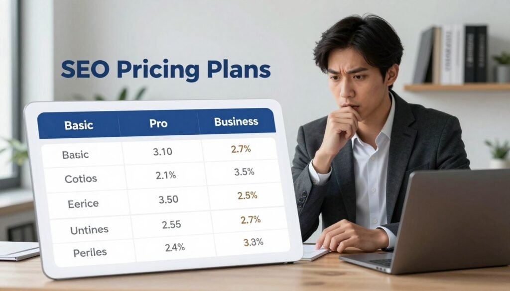 A visually striking comparison of SEO pricing plans depicted on a sleek digital interface. In the foreground, a well-organized table showcases three columns labeled "Basic," "Pro," and "Business," with features elegantly listed beneath each. The middle ground displays a professional individual in smart business attire, analyzing the plans on a laptop, with an expression of curiosity and determination. The background features a modern office environment with minimalistic design, soft lighting enhancing the scene’s clarity, and shelves displaying business books. The atmosphere is focused and inspiring, conveying a sense of professionalism and the potential for online growth through effective SEO strategies. The angle is slightly tilted downwards to emphasize the detailed content of the pricing plans. A visually striking comparison of SEO pricing plans depicted on a sleek digital interface. In the foreground, a well-organized table showcases three columns labeled "Basic," "Pro," and "Business," with features elegantly listed beneath each. The middle ground displays a professional individual in smart business attire, analyzing the plans on a laptop, with an expression of curiosity and determination. The background features a modern office environment with minimalistic design, soft lighting enhancing the scene’s clarity, and shelves displaying business books. The atmosphere is focused and inspiring, conveying a sense of professionalism and the potential for online growth through effective SEO strategies. The angle is slightly tilted downwards to emphasize the detailed content of the pricing plans.