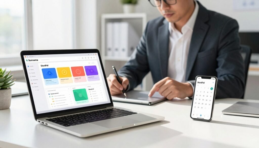 A visually striking comparison of two digital planning tools, Sunsama and SkedPal, depicted on a sleek, modern office desk. The foreground features a laptop open to the Sunsama interface, showcasing its user-friendly layout with vibrant colors, and a smartphone displaying SkedPal's calendar view nearby. In the middle, a professional individual in business attire, focused and engaged, is analyzing both tools. The background includes a bright, airy office space with minimalistic decor, a large window allowing natural sunlight to pour in, and a succulent plant adding a touch of greenery. The atmosphere conveys a sense of productivity and clarity, capturing the essence of effective time management. Use a slightly blurred focus for the background to emphasize the tools in the foreground. A visually striking comparison of two digital planning tools, Sunsama and SkedPal, depicted on a sleek, modern office desk. The foreground features a laptop open to the Sunsama interface, showcasing its user-friendly layout with vibrant colors, and a smartphone displaying SkedPal's calendar view nearby. In the middle, a professional individual in business attire, focused and engaged, is analyzing both tools. The background includes a bright, airy office space with minimalistic decor, a large window allowing natural sunlight to pour in, and a succulent plant adding a touch of greenery. The atmosphere conveys a sense of productivity and clarity, capturing the essence of effective time management. Use a slightly blurred focus for the background to emphasize the tools in the foreground.