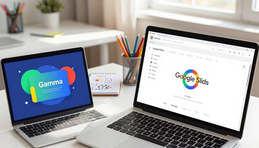 A visually striking comparison of two digital presentation platforms, showcasing a side-by-side analysis of Gamma and Google Slides. In the foreground, a sleek laptop displays vibrant slides from both platforms, with Gamma on the left featuring dynamic visuals and Google Slides on the right displaying a more traditional design. In the middle ground, a well-organized workspace including a modern desk, colorful stationery, and a notepad with brainstorming sketches. The background features a cozy office environment with bright, natural lighting filtering through a window, casting soft shadows. The overall mood should be professional yet inviting, emphasizing innovation in presentation creation. Use a slightly elevated angle to highlight the screens effectively, ensuring clarity without any text or logos on the slides. A visually striking comparison of two digital presentation platforms, showcasing a side-by-side analysis of Gamma and Google Slides. In the foreground, a sleek laptop displays vibrant slides from both platforms, with Gamma on the left featuring dynamic visuals and Google Slides on the right displaying a more traditional design. In the middle ground, a well-organized workspace including a modern desk, colorful stationery, and a notepad with brainstorming sketches. The background features a cozy office environment with bright, natural lighting filtering through a window, casting soft shadows. The overall mood should be professional yet inviting, emphasizing innovation in presentation creation. Use a slightly elevated angle to highlight the screens effectively, ensuring clarity without any text or logos on the slides.