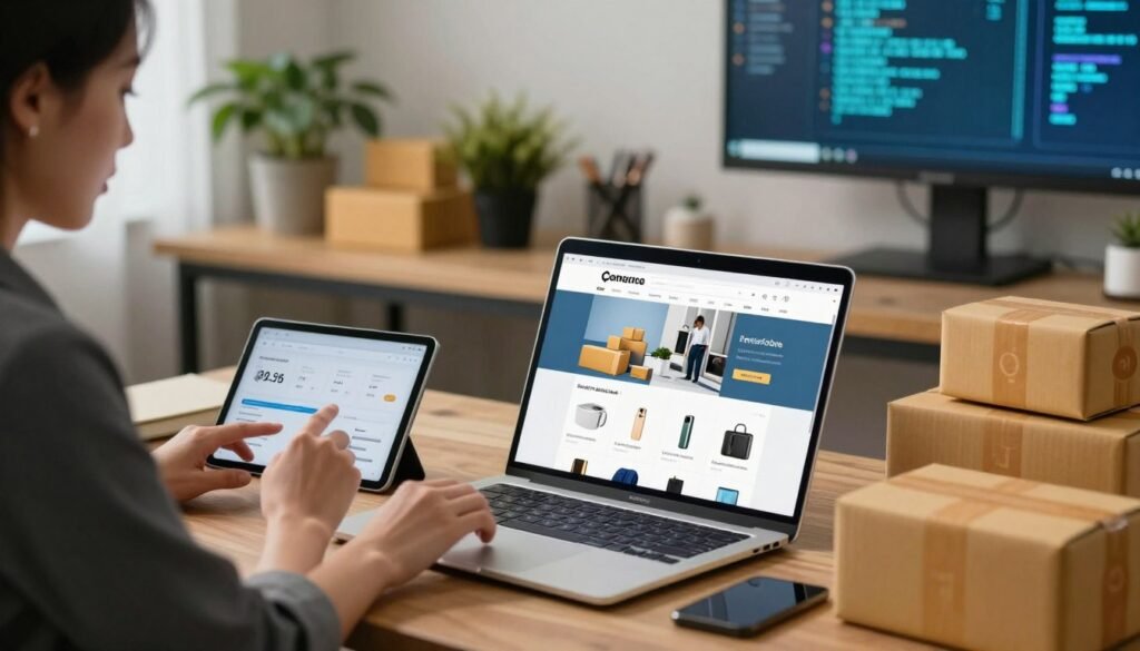 A visually striking e-commerce scene depicting a stylish, modern online store setup. In the foreground, a sleek laptop on a wooden desk displays a vibrant e-commerce website, showcasing various product images organized in an attractive layout. To the left, a professional woman in business attire is confidently analyzing sales data on a tablet, while to the right, an assortment of product packages adds depth to the composition. In the middle ground, an inviting, well-lit workspace features lush plants and decorative items, conveying a sense of creativity and professionalism. The background hints at a digital landscape or abstract code, symbolizing the online nature of e-commerce. Soft, diffused lighting enhances the cozy atmosphere, suggesting a productive and innovative workspace. A visually striking e-commerce scene depicting a stylish, modern online store setup. In the foreground, a sleek laptop on a wooden desk displays a vibrant e-commerce website, showcasing various product images organized in an attractive layout. To the left, a professional woman in business attire is confidently analyzing sales data on a tablet, while to the right, an assortment of product packages adds depth to the composition. In the middle ground, an inviting, well-lit workspace features lush plants and decorative items, conveying a sense of creativity and professionalism. The background hints at a digital landscape or abstract code, symbolizing the online nature of e-commerce. Soft, diffused lighting enhances the cozy atmosphere, suggesting a productive and innovative workspace.