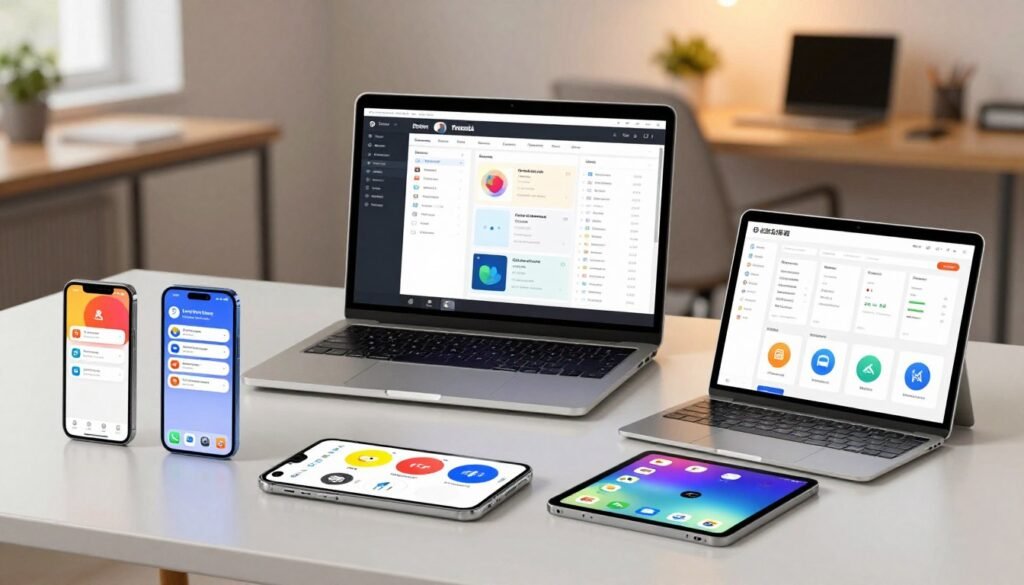 A visually striking representation of a diverse collection of productivity applications displayed on a sleek workspace. In the foreground, elegantly arranged smartphones and tablets showcase vibrant app icons, each symbolizing various functionalities like project management, time tracking, and note-taking. In the middle ground, a stylish laptop with an open screen reveals an organized digital dashboard filled with multi-tasking features. The background features a soft-focus contemporary office environment, with a minimalistic desk and warm ambient lighting that creates an inviting, productive atmosphere. The scene conveys professionalism and innovation, with an overall mood of motivational energy and seamless integration of technology in everyday tasks. Use a wide-angle lens to capture the depth and essence of this modern workspace. A visually striking representation of a diverse collection of productivity applications displayed on a sleek workspace. In the foreground, elegantly arranged smartphones and tablets showcase vibrant app icons, each symbolizing various functionalities like project management, time tracking, and note-taking. In the middle ground, a stylish laptop with an open screen reveals an organized digital dashboard filled with multi-tasking features. The background features a soft-focus contemporary office environment, with a minimalistic desk and warm ambient lighting that creates an inviting, productive atmosphere. The scene conveys professionalism and innovation, with an overall mood of motivational energy and seamless integration of technology in everyday tasks. Use a wide-angle lens to capture the depth and essence of this modern workspace.