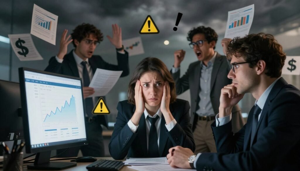 A visually striking representation of the major disadvantages and risks associated with the Flippa platform for buying and selling online businesses. In the foreground, a worried businessperson, dressed in professional attire, gazes at a computer screen displaying fluctuating graphs and warning symbols, symbolizing market volatility and uncertainty. In the middle ground, a chaotic scene depicting frustrated buyers and sellers debating fiercely, surrounded by charts, dollar signs, and exclamation marks to illustrate potential financial losses. The background features an abstract, dark cloud of uncertainty, with muted colors representing risk, casting a shadow over the scene. The lighting is dramatic, highlighting the central figure's expression while creating a tense atmosphere. Use a high-resolution lens to add depth and clarity, making the image impactful and thought-provoking. A visually striking representation of the major disadvantages and risks associated with the Flippa platform for buying and selling online businesses. In the foreground, a worried businessperson, dressed in professional attire, gazes at a computer screen displaying fluctuating graphs and warning symbols, symbolizing market volatility and uncertainty. In the middle ground, a chaotic scene depicting frustrated buyers and sellers debating fiercely, surrounded by charts, dollar signs, and exclamation marks to illustrate potential financial losses. The background features an abstract, dark cloud of uncertainty, with muted colors representing risk, casting a shadow over the scene. The lighting is dramatic, highlighting the central figure's expression while creating a tense atmosphere. Use a high-resolution lens to add depth and clarity, making the image impactful and thought-provoking.