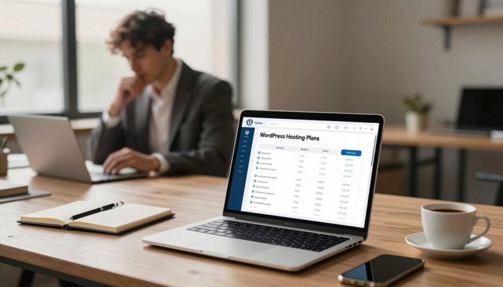 A visually striking workspace showcasing the various WordPress hosting plans offered by WP Engine. In the foreground, an elegant desk with a modern laptop displaying a detailed pricing chart and feature comparison on the screen. Surrounding the laptop, neatly arranged accessories like a notepad, a cup of coffee, and a smartphone, indicating a professional atmosphere. In the middle ground, a thoughtful professional in business attire intently analyzing the plans, exuding focus and motivation. The background features a large window allowing soft natural light to filter in, casting warm tones across the room, enhancing productivity. The overall mood should reflect dynamism and clarity, perfect for understanding hosting options, with a hint of sophistication. A visually striking workspace showcasing the various WordPress hosting plans offered by WP Engine. In the foreground, an elegant desk with a modern laptop displaying a detailed pricing chart and feature comparison on the screen. Surrounding the laptop, neatly arranged accessories like a notepad, a cup of coffee, and a smartphone, indicating a professional atmosphere. In the middle ground, a thoughtful professional in business attire intently analyzing the plans, exuding focus and motivation. The background features a large window allowing soft natural light to filter in, casting warm tones across the room, enhancing productivity. The overall mood should reflect dynamism and clarity, perfect for understanding hosting options, with a hint of sophistication.