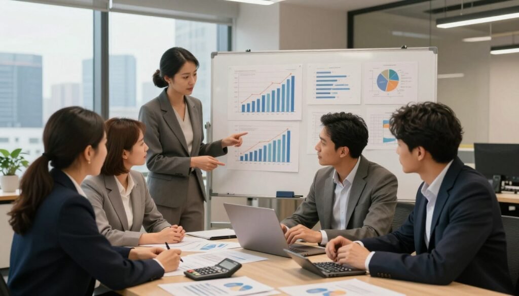 A warm and inviting office space showcasing a diverse team of four professionals analyzing financial strategies. In the foreground, a table strewn with financial documents, calculators, and a laptop, with focused individuals discussing plans. The middle ground features a large whiteboard filled with graphs and charts illustrating financial optimization techniques. In the background, a vibrant cityscape can be seen through a large window, representing growth and opportunity. Soft lighting enhances the welcoming atmosphere, creating a sense of collaboration and innovation. The professionals are dressed in smart business attire, projecting professionalism and determination. The image captures the essence of practical financial advice and optimization in a modern entrepreneurial setting. A warm and inviting office space showcasing a diverse team of four professionals analyzing financial strategies. In the foreground, a table strewn with financial documents, calculators, and a laptop, with focused individuals discussing plans. The middle ground features a large whiteboard filled with graphs and charts illustrating financial optimization techniques. In the background, a vibrant cityscape can be seen through a large window, representing growth and opportunity. Soft lighting enhances the welcoming atmosphere, creating a sense of collaboration and innovation. The professionals are dressed in smart business attire, projecting professionalism and determination. The image captures the essence of practical financial advice and optimization in a modern entrepreneurial setting.