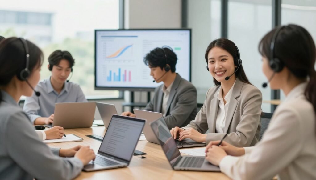 A warm, inviting office environment featuring a diverse team of professionals collaborating around a modern conference table. In the foreground, a smiling customer service representative, dressed in business attire, attentively listens to a client, showcasing a supportive interaction. The middle ground shows team members brainstorming, with laptops open and charts displayed on a screen, reflecting a collaborative atmosphere. The background includes large windows allowing natural light to flood the room, enhancing the sense of openness and transparency. The overall mood is one of teamwork and encouragement, emphasizing the importance of dedicated client support in achieving success. The lighting is soft yet bright, creating a welcoming ambiance that inspires trust and professionalism. A warm, inviting office environment featuring a diverse team of professionals collaborating around a modern conference table. In the foreground, a smiling customer service representative, dressed in business attire, attentively listens to a client, showcasing a supportive interaction. The middle ground shows team members brainstorming, with laptops open and charts displayed on a screen, reflecting a collaborative atmosphere. The background includes large windows allowing natural light to flood the room, enhancing the sense of openness and transparency. The overall mood is one of teamwork and encouragement, emphasizing the importance of dedicated client support in achieving success. The lighting is soft yet bright, creating a welcoming ambiance that inspires trust and professionalism.