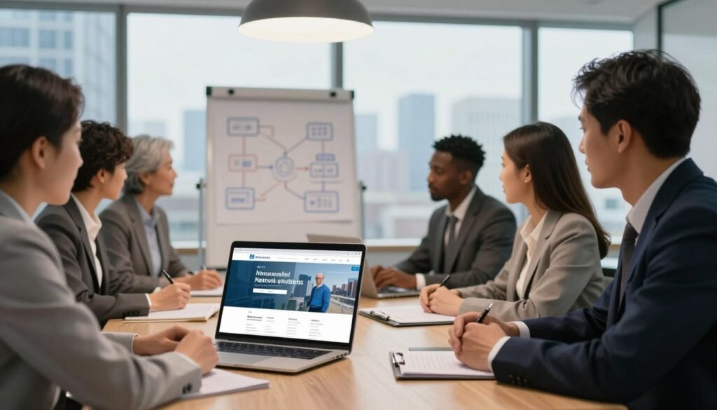 A well-lit, professional office environment, featuring a diverse group of business professionals in business attire, engaged in a collaborative discussion around a large conference table. In the foreground, a laptop displaying a high-resolution website to illustrate network solutions. In the middle, a whiteboard with strategic diagrams and notes, capturing the essence of planning for digital presence. The background showcases large windows with a city skyline, suggesting a thriving business atmosphere. The scene is illuminated by warm overhead lighting, creating an inviting and productive mood. Use a slight depth of field to focus on the professionals and the laptop, while subtly blurring the background to symbolize the connectivity and reliability of a historical partner in web hosting solutions. A well-lit, professional office environment, featuring a diverse group of business professionals in business attire, engaged in a collaborative discussion around a large conference table. In the foreground, a laptop displaying a high-resolution website to illustrate network solutions. In the middle, a whiteboard with strategic diagrams and notes, capturing the essence of planning for digital presence. The background showcases large windows with a city skyline, suggesting a thriving business atmosphere. The scene is illuminated by warm overhead lighting, creating an inviting and productive mood. Use a slight depth of field to focus on the professionals and the laptop, while subtly blurring the background to symbolize the connectivity and reliability of a historical partner in web hosting solutions.