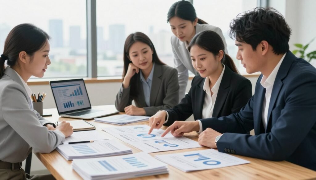 A well-organized business plan on a wooden desk, featuring neatly stacked documents, charts, and a laptop with graphs displayed. In the foreground, a diverse group of four professionals, dressed in smart business attire, are engaged in discussion while pointing at the plan. The middle ground shows a bright, modern office with large windows, allowing natural light to illuminate the workspace. In the background, a city skyline can be seen, hinting at an entrepreneurial environment. The atmosphere is focused and optimistic, capturing a sense of purpose and collaboration. Use a soft focus lens effect to create a warm ambiance, highlighting the professionalism of the setting. A well-organized business plan on a wooden desk, featuring neatly stacked documents, charts, and a laptop with graphs displayed. In the foreground, a diverse group of four professionals, dressed in smart business attire, are engaged in discussion while pointing at the plan. The middle ground shows a bright, modern office with large windows, allowing natural light to illuminate the workspace. In the background, a city skyline can be seen, hinting at an entrepreneurial environment. The atmosphere is focused and optimistic, capturing a sense of purpose and collaboration. Use a soft focus lens effect to create a warm ambiance, highlighting the professionalism of the setting.