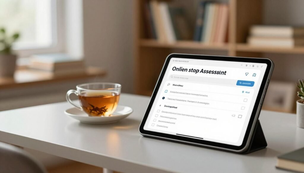 A well-organized online therapy assessment questionnaire, prominently displayed on a sleek, modern desk in a cozy home office setting. The foreground features a digital tablet showing the questionnaire interface, with user-friendly options and checkboxes. In the middle ground, a warm cup of herbal tea sits next to the tablet, hinting at a calming atmosphere. The background contains softly lit shelves lined with books on mental health, creating an inviting environment. Natural light filters in through a nearby window, adding a gentle glow to the scene. The overall mood is serene and professional, reflecting the importance of the initial contact in online therapy. A well-organized online therapy assessment questionnaire, prominently displayed on a sleek, modern desk in a cozy home office setting. The foreground features a digital tablet showing the questionnaire interface, with user-friendly options and checkboxes. In the middle ground, a warm cup of herbal tea sits next to the tablet, hinting at a calming atmosphere. The background contains softly lit shelves lined with books on mental health, creating an inviting environment. Natural light filters in through a nearby window, adding a gentle glow to the scene. The overall mood is serene and professional, reflecting the importance of the initial contact in online therapy.