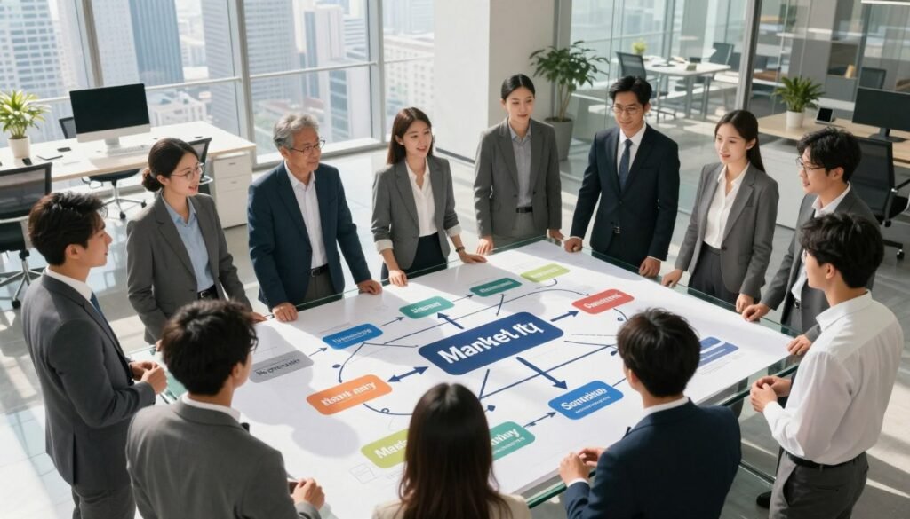 A well-organized, step-by-step market entry strategy illustrated through a visually engaging scene. In the foreground, a diverse group of business professionals, dressed in sharp business attire, gathers around a large, detailed flowchart on a glass table. The flowchart features clear labels, arrows, and steps outlining the market entry process. In the middle ground, a modern office setting with sleek furniture and large windows allows natural light to pour in, casting soft shadows. In the background, a city skyline can be seen, symbolizing growth and opportunity. The atmosphere is dynamic and professional, conveying a sense of teamwork and forward-thinking, captured from a slightly elevated angle to emphasize collaboration and clarity in strategy development. A well-organized, step-by-step market entry strategy illustrated through a visually engaging scene. In the foreground, a diverse group of business professionals, dressed in sharp business attire, gathers around a large, detailed flowchart on a glass table. The flowchart features clear labels, arrows, and steps outlining the market entry process. In the middle ground, a modern office setting with sleek furniture and large windows allows natural light to pour in, casting soft shadows. In the background, a city skyline can be seen, symbolizing growth and opportunity. The atmosphere is dynamic and professional, conveying a sense of teamwork and forward-thinking, captured from a slightly elevated angle to emphasize collaboration and clarity in strategy development.
