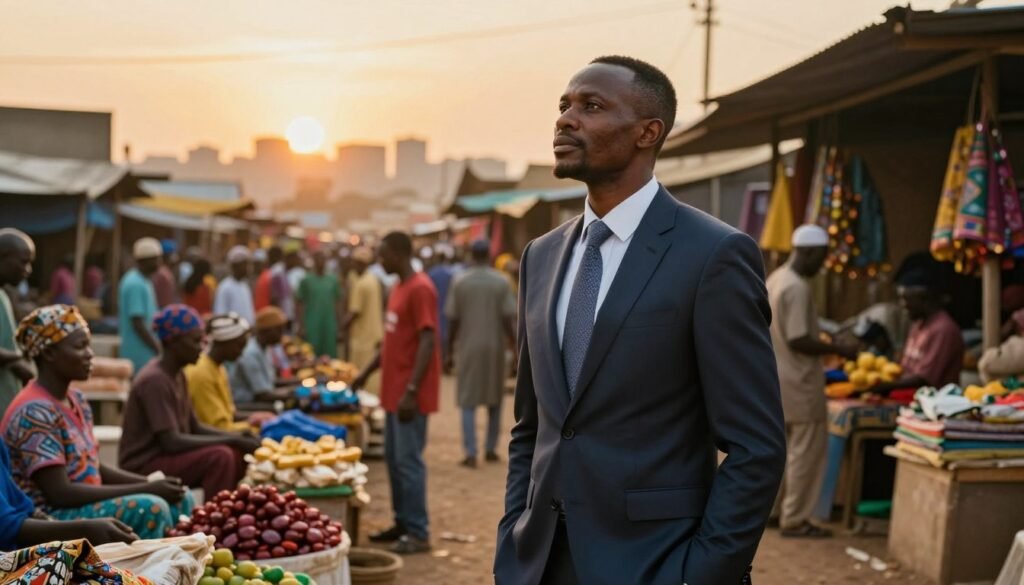 A young Aliko Dangote in a bustling Nigerian marketplace, surrounded by vibrant colors and dynamic activity. In the foreground, he stands confidently in a tailored business suit, exuding determination and ambition. His expression reflects hope and focus as he gazes towards a bright future. The middle ground features local vendors showcasing their goods, symbolizing the entrepreneurial spirit of Nigeria. In the background, a subtle skyline of Lagos can be seen under a warm, golden sunset, casting a hopeful glow over the scene. Soft, natural lighting enhances the atmosphere, creating a sense of inspiration and possibility. The image conveys the essence of youth and early success in a lively and culturally rich environment, without any text or additional elements. A young Aliko Dangote in a bustling Nigerian marketplace, surrounded by vibrant colors and dynamic activity. In the foreground, he stands confidently in a tailored business suit, exuding determination and ambition. His expression reflects hope and focus as he gazes towards a bright future. The middle ground features local vendors showcasing their goods, symbolizing the entrepreneurial spirit of Nigeria. In the background, a subtle skyline of Lagos can be seen under a warm, golden sunset, casting a hopeful glow over the scene. Soft, natural lighting enhances the atmosphere, creating a sense of inspiration and possibility. The image conveys the essence of youth and early success in a lively and culturally rich environment, without any text or additional elements.