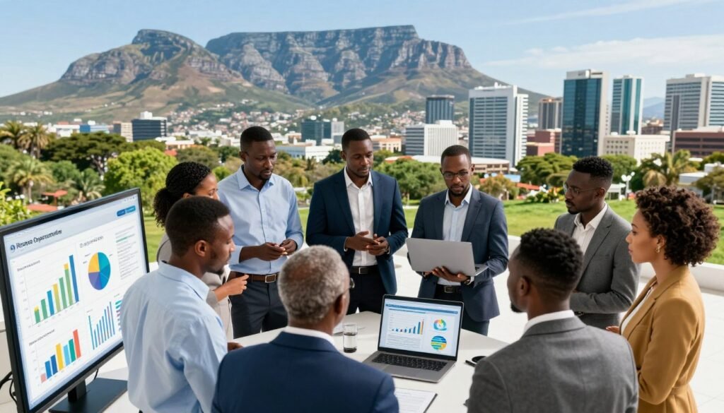An African finance landscape showcasing current trends in funding. In the foreground, a group of business professionals in smart attire (both men and women) gathered around a digital display showing graphs and charts related to investment opportunities in Africa. In the middle ground, diverse entrepreneurs of various ethnic backgrounds discussing ideas and collaborating on laptops, symbolizing innovation and progress. The background depicts iconic African landmarks such as the Table Mountain and modern city skylines, infused with vibrant greenery. Bright, natural lighting emphasizes a hopeful and dynamic atmosphere, while a slight angle from above captures the energy and collaboration of the scene, illustrating a thriving funding ecosystem. An African finance landscape showcasing current trends in funding. In the foreground, a group of business professionals in smart attire (both men and women) gathered around a digital display showing graphs and charts related to investment opportunities in Africa. In the middle ground, diverse entrepreneurs of various ethnic backgrounds discussing ideas and collaborating on laptops, symbolizing innovation and progress. The background depicts iconic African landmarks such as the Table Mountain and modern city skylines, infused with vibrant greenery. Bright, natural lighting emphasizes a hopeful and dynamic atmosphere, while a slight angle from above captures the energy and collaboration of the scene, illustrating a thriving funding ecosystem.