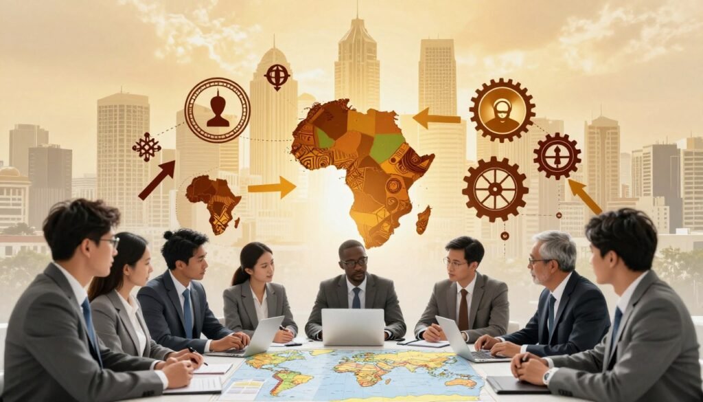 An abstract representation of "growth strategies" in African commerce. In the foreground, depict a diverse group of professionals in business attire, engaged in discussion around a table with maps and charts illustrating African markets. The middle layer features icons symbolizing various growth strategies, such as arrows and gears, interwoven with cultural motifs from different African regions. In the background, a dynamic city skyline representing key African economic hubs, shrouded in a warm golden light, suggesting optimism and potential. The atmosphere is one of collaboration and innovation, with a sense of forward movement. Use a wide-angle lens effect to capture the full scope of this vibrant scene. An abstract representation of "growth strategies" in African commerce. In the foreground, depict a diverse group of professionals in business attire, engaged in discussion around a table with maps and charts illustrating African markets. The middle layer features icons symbolizing various growth strategies, such as arrows and gears, interwoven with cultural motifs from different African regions. In the background, a dynamic city skyline representing key African economic hubs, shrouded in a warm golden light, suggesting optimism and potential. The atmosphere is one of collaboration and innovation, with a sense of forward movement. Use a wide-angle lens effect to capture the full scope of this vibrant scene.