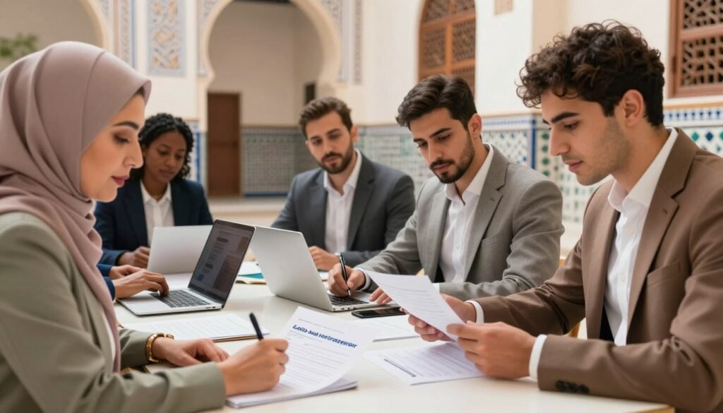 An illustration of the process of registering as an auto-entrepreneur in Morocco, featuring a diverse group of individuals in professional business attire gathered around a table with documents and laptops. In the foreground, a middle-aged Moroccan woman is filling out a registration form, while a young man is reviewing documents. The background showcases Moroccan architectural elements, such as ornate tiles and arched windows, symbolizing the cultural context. Soft, natural lighting floods the scene, creating a welcoming atmosphere. The composition captures the collaborative spirit of the registration process, emphasizing determination and hope for new beginnings in business. Use a slight upward angle to provide a sense of aspiration. An illustration of the process of registering as an auto-entrepreneur in Morocco, featuring a diverse group of individuals in professional business attire gathered around a table with documents and laptops. In the foreground, a middle-aged Moroccan woman is filling out a registration form, while a young man is reviewing documents. The background showcases Moroccan architectural elements, such as ornate tiles and arched windows, symbolizing the cultural context. Soft, natural lighting floods the scene, creating a welcoming atmosphere. The composition captures the collaborative spirit of the registration process, emphasizing determination and hope for new beginnings in business. Use a slight upward angle to provide a sense of aspiration.