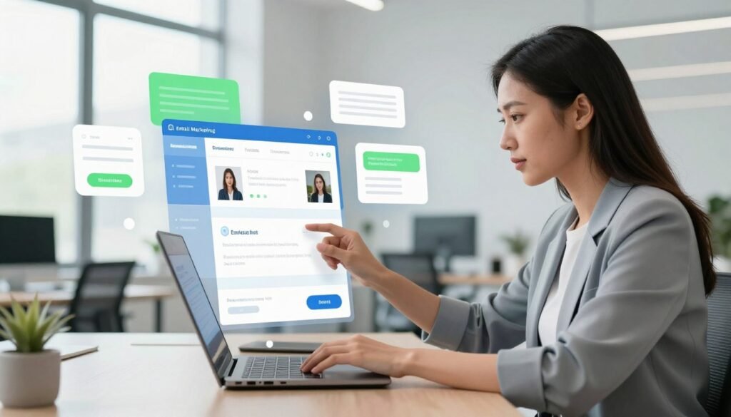 An office environment showcasing an email marketing platform with a drag-and-drop interface. In the foreground, a professional woman in smart casual attire is intently working on a sleek laptop, her focus evident as she drags elements onto an email template on the screen. In the middle ground, colorful email design elements like text boxes, images, and buttons are floating around, symbolizing the drag-and-drop functionality. The background reveals a bright, modern office space with light streaming in through large windows, enhancing a productive atmosphere. The overall mood is inviting and innovative, with a color palette of soft blues and greens, emphasizing creativity and efficiency. The scene is well-lit, creating a professional yet dynamic feel, focusing on the capabilities of the email marketing tool. An office environment showcasing an email marketing platform with a drag-and-drop interface. In the foreground, a professional woman in smart casual attire is intently working on a sleek laptop, her focus evident as she drags elements onto an email template on the screen. In the middle ground, colorful email design elements like text boxes, images, and buttons are floating around, symbolizing the drag-and-drop functionality. The background reveals a bright, modern office space with light streaming in through large windows, enhancing a productive atmosphere. The overall mood is inviting and innovative, with a color palette of soft blues and greens, emphasizing creativity and efficiency. The scene is well-lit, creating a professional yet dynamic feel, focusing on the capabilities of the email marketing tool.