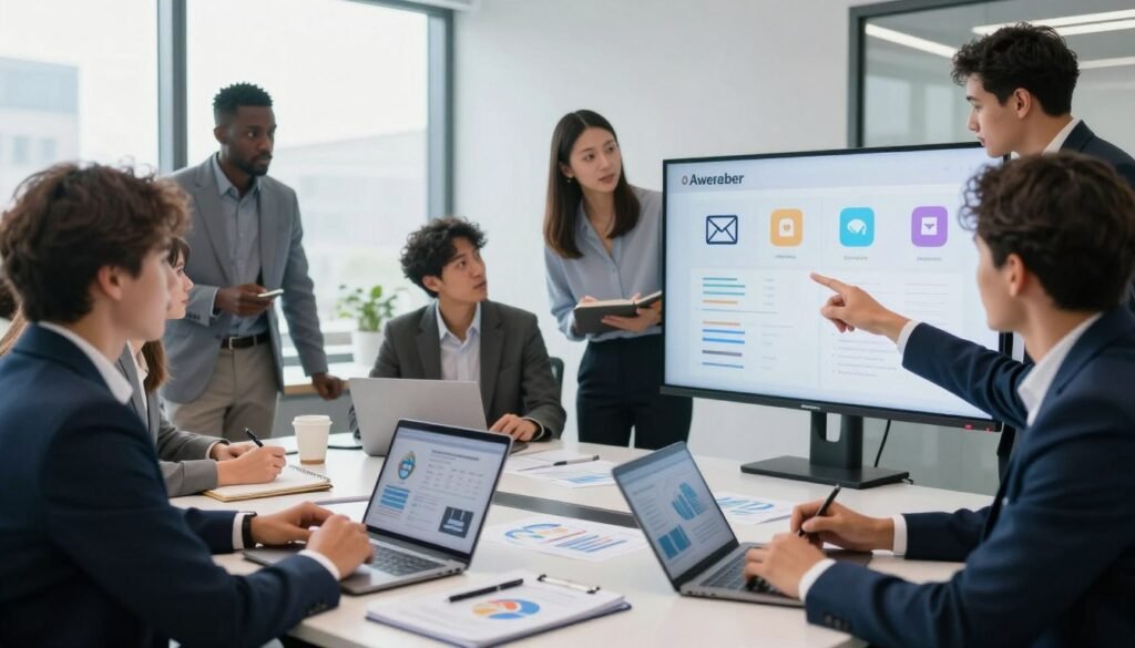 In a sleek, modern office environment, a diverse group of professionals in business attire are gathered around a large table, analyzing charts and graphs related to email marketing strategies. In the foreground, a confident woman points to a digital screen showcasing a comparison of Aweber and its alternatives, with various colorful icons representing different email marketing platforms. In the middle, other colleagues take notes and discuss among themselves, with laptops and tablets opened in front of them. In the background, large windows let in bright, natural light, illuminating the busy workspace. The atmosphere is collaborative and focused, evoking a sense of innovation and strategic planning in the realm of francophone email marketing. The composition should evoke a sense of professionalism and engagement, with a sharp focus on the discussion at hand. In a sleek, modern office environment, a diverse group of professionals in business attire are gathered around a large table, analyzing charts and graphs related to email marketing strategies. In the foreground, a confident woman points to a digital screen showcasing a comparison of Aweber and its alternatives, with various colorful icons representing different email marketing platforms. In the middle, other colleagues take notes and discuss among themselves, with laptops and tablets opened in front of them. In the background, large windows let in bright, natural light, illuminating the busy workspace. The atmosphere is collaborative and focused, evoking a sense of innovation and strategic planning in the realm of francophone email marketing. The composition should evoke a sense of professionalism and engagement, with a sharp focus on the discussion at hand.