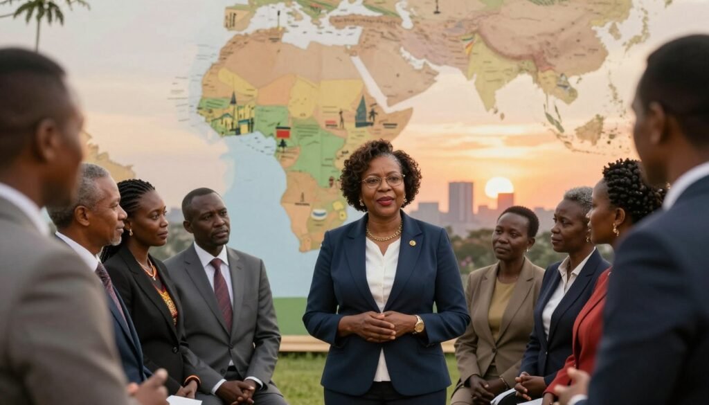 Winnie Byanyima, a distinguished Ugandan humanitarian leader, is depicted in a rich, historically inspired setting that reflects her impactful journey. In the foreground, she stands confidently in professional business attire, engaged in conversation with a diverse group of individuals representing various backgrounds. The middle ground features an illustrated map of Africa, highlighting significant moments of social justice and activism. In the background, soft hues of sunset cast a warm glow over a skyline of Kampala, symbolizing her roots. The scene conveys a sense of hope and empowerment, with natural lighting enhancing the atmosphere of determination and resilience. The composition is framed with a slightly elevated angle, providing depth and context to her narrative without distractions or text overlays. Winnie Byanyima, a distinguished Ugandan humanitarian leader, is depicted in a rich, historically inspired setting that reflects her impactful journey. In the foreground, she stands confidently in professional business attire, engaged in conversation with a diverse group of individuals representing various backgrounds. The middle ground features an illustrated map of Africa, highlighting significant moments of social justice and activism. In the background, soft hues of sunset cast a warm glow over a skyline of Kampala, symbolizing her roots. The scene conveys a sense of hope and empowerment, with natural lighting enhancing the atmosphere of determination and resilience. The composition is framed with a slightly elevated angle, providing depth and context to her narrative without distractions or text overlays.