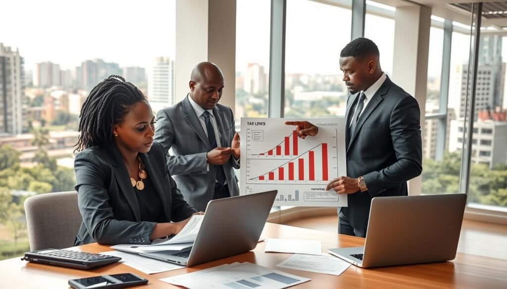 A bustling Kenyan office environment focusing on tax compliance. In the foreground, a professional African woman dressed in smart business attire is reviewing financial documents on her desk, surrounded by a laptop and a calculator. In the middle ground, a Kenyan man in formal business attire is discussing strategies with a colleague, pointing to a chart that illustrates tax flow. In the background, large windows reveal a vibrant cityscape of Nairobi, with modern buildings and greenery. Soft, natural light streams in, creating a bright and motivating atmosphere. The image captures a sense of professionalism, focus, and the importance of compliance in running a successful business in Kenya, emphasizing teamwork and diligence. A bustling Kenyan office environment focusing on tax compliance. In the foreground, a professional African woman dressed in smart business attire is reviewing financial documents on her desk, surrounded by a laptop and a calculator. In the middle ground, a Kenyan man in formal business attire is discussing strategies with a colleague, pointing to a chart that illustrates tax flow. In the background, large windows reveal a vibrant cityscape of Nairobi, with modern buildings and greenery. Soft, natural light streams in, creating a bright and motivating atmosphere. The image captures a sense of professionalism, focus, and the importance of compliance in running a successful business in Kenya, emphasizing teamwork and diligence.
