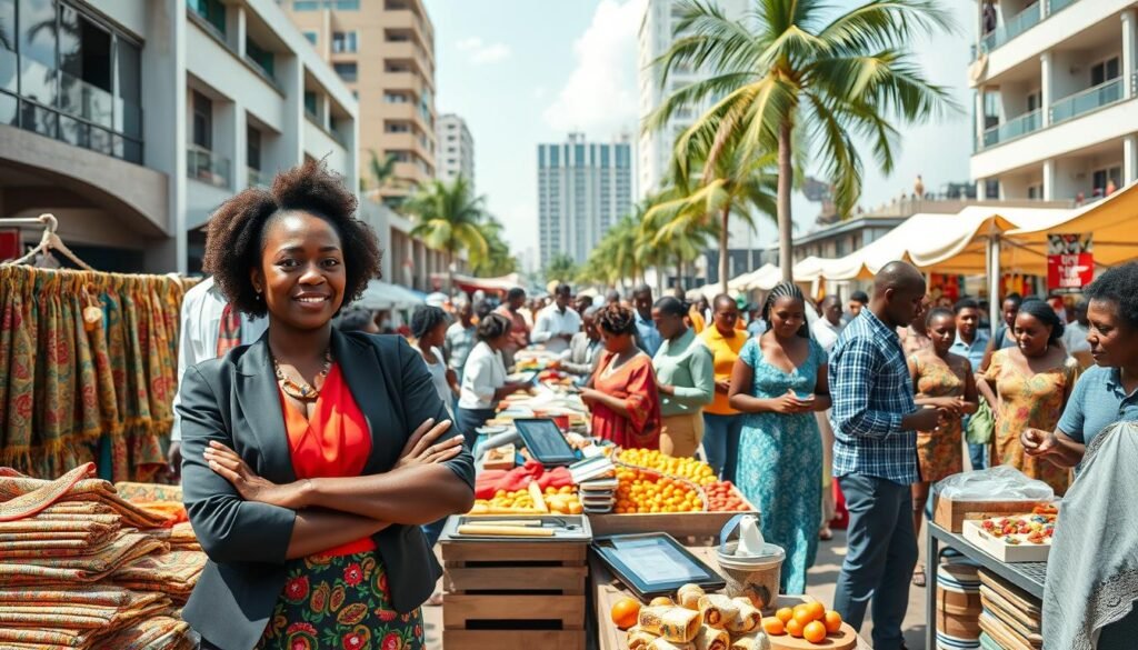 A bustling Nigerian marketplace filled with diverse entrepreneurs showcasing their products. In the foreground, a confident African woman in professional business attire stands beside a display of colorful fabrics and handmade goods, engaging with a customer. The middle ground features varied stalls with local foods, technology, and crafts, while other entrepreneurs network and collaborate. In the background, modern buildings represent economic growth, and palm trees indicate a warm, tropical climate. Bright, natural lighting creates an inviting atmosphere, highlighting the vibrancy of the market. Capture the essence of opportunity and cultural richness, with a wide-angle lens to emphasize the dynamic environment. The overall mood is optimistic and energetic, symbolizing innovation and community in the Nigerian markets. A bustling Nigerian marketplace filled with diverse entrepreneurs showcasing their products. In the foreground, a confident African woman in professional business attire stands beside a display of colorful fabrics and handmade goods, engaging with a customer. The middle ground features varied stalls with local foods, technology, and crafts, while other entrepreneurs network and collaborate. In the background, modern buildings represent economic growth, and palm trees indicate a warm, tropical climate. Bright, natural lighting creates an inviting atmosphere, highlighting the vibrancy of the market. Capture the essence of opportunity and cultural richness, with a wide-angle lens to emphasize the dynamic environment. The overall mood is optimistic and energetic, symbolizing innovation and community in the Nigerian markets.