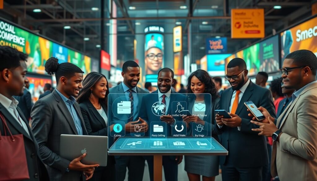 A bustling digital marketplace scene showcasing social commerce and cross-border trade. In the foreground, a diverse group of professionals in smart business attire engaged in animated discussions around digital devices, such as laptops and smartphones displaying e-commerce platforms. In the middle ground, an interactive interface with icons representing various currencies and international shipping options, symbolizing cross-border transactions. The background features a vibrant urban skyline with digital billboards advertising social commerce campaigns. The lighting is warm and inviting, suggesting a hopeful and innovative atmosphere, while the scene is captured with a wide-angle lens to emphasize collaboration and connectivity in the booming African e-commerce market. A bustling digital marketplace scene showcasing social commerce and cross-border trade. In the foreground, a diverse group of professionals in smart business attire engaged in animated discussions around digital devices, such as laptops and smartphones displaying e-commerce platforms. In the middle ground, an interactive interface with icons representing various currencies and international shipping options, symbolizing cross-border transactions. The background features a vibrant urban skyline with digital billboards advertising social commerce campaigns. The lighting is warm and inviting, suggesting a hopeful and innovative atmosphere, while the scene is captured with a wide-angle lens to emphasize collaboration and connectivity in the booming African e-commerce market.