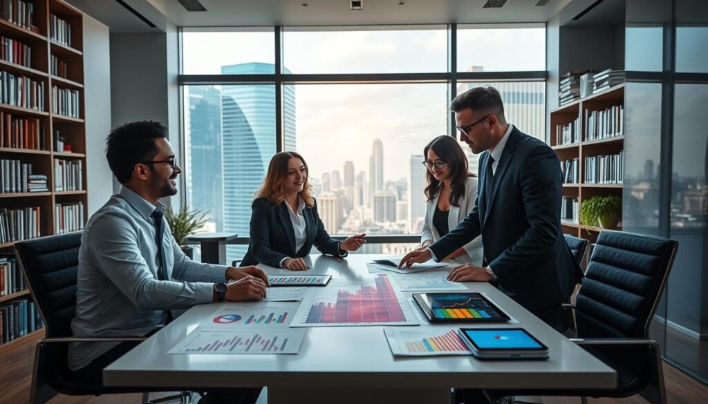 A bustling financial office interior with a modern aesthetic, featuring a diverse group of three professionals in business attire engaged in a strategic discussion over an investment portfolio. In the foreground, a sleek table is covered with colorful charts and digital devices showing upward trends. The middle features a large window overlooking a vibrant cityscape, symbolizing growth and opportunity. In the background, shelves filled with books on finance and investment strategies. Soft, natural lighting streams through the window, casting dynamic shadows that enhance the atmosphere of collaboration and innovation. The mood conveys optimism and resilience, embodying the spirit of overcoming challenges in investment. A bustling financial office interior with a modern aesthetic, featuring a diverse group of three professionals in business attire engaged in a strategic discussion over an investment portfolio. In the foreground, a sleek table is covered with colorful charts and digital devices showing upward trends. The middle features a large window overlooking a vibrant cityscape, symbolizing growth and opportunity. In the background, shelves filled with books on finance and investment strategies. Soft, natural lighting streams through the window, casting dynamic shadows that enhance the atmosphere of collaboration and innovation. The mood conveys optimism and resilience, embodying the spirit of overcoming challenges in investment.