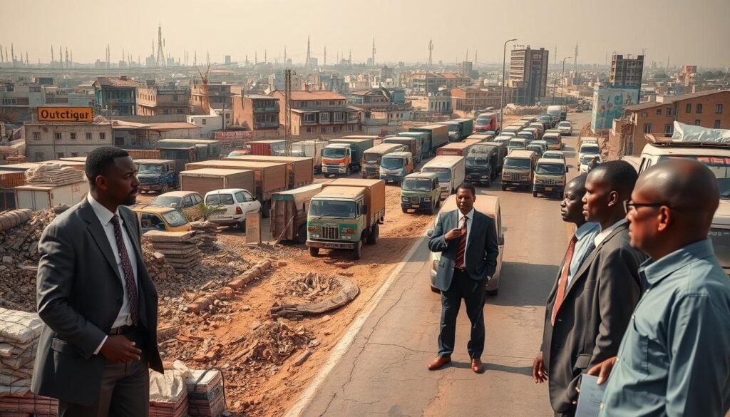 A bustling urban scene in an African city showcasing infrastructure challenges: in the foreground, a group of professionally dressed business people, discussing logistics with concerned expressions, surrounded by piles of construction materials and an incomplete road. In the middle ground, a few old trucks struggle to navigate cracked roads, with a scene of heavy traffic congestion highlighted by frustration. In the background, a skyline filled with mixed-use buildings and communication towers, shrouded in a slight haze. The lighting is warm, simulating late afternoon sun, casting long shadows and enhancing the atmosphere of a busy market environment. Capture the mood of urgency and determination, illustrating the operational hurdles faced by businesses in these markets. A bustling urban scene in an African city showcasing infrastructure challenges: in the foreground, a group of professionally dressed business people, discussing logistics with concerned expressions, surrounded by piles of construction materials and an incomplete road. In the middle ground, a few old trucks struggle to navigate cracked roads, with a scene of heavy traffic congestion highlighted by frustration. In the background, a skyline filled with mixed-use buildings and communication towers, shrouded in a slight haze. The lighting is warm, simulating late afternoon sun, casting long shadows and enhancing the atmosphere of a busy market environment. Capture the mood of urgency and determination, illustrating the operational hurdles faced by businesses in these markets.