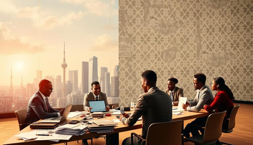 A conceptual collage illustrating "regulatory infrastructure barriers" in the African startup ecosystem. In the foreground, a diverse group of professionals in business attire collaborate at a table cluttered with documents, laptops, and charts, symbolizing discussions on regulations. The middle ground features a modern cityscape, showcasing tall buildings and communication towers, representing technological infrastructure. In the background, a large wall with intricate patterns symbolizes regulatory hurdles, printed in a faded design to convey obstacles. Use warm, ambient lighting to create an optimistic yet serious mood, with a slightly elevated angle to provide depth and perspective, emphasizing both teamwork and challenge in navigating regulatory issues. A conceptual collage illustrating "regulatory infrastructure barriers" in the African startup ecosystem. In the foreground, a diverse group of professionals in business attire collaborate at a table cluttered with documents, laptops, and charts, symbolizing discussions on regulations. The middle ground features a modern cityscape, showcasing tall buildings and communication towers, representing technological infrastructure. In the background, a large wall with intricate patterns symbolizes regulatory hurdles, printed in a faded design to convey obstacles. Use warm, ambient lighting to create an optimistic yet serious mood, with a slightly elevated angle to provide depth and perspective, emphasizing both teamwork and challenge in navigating regulatory issues.