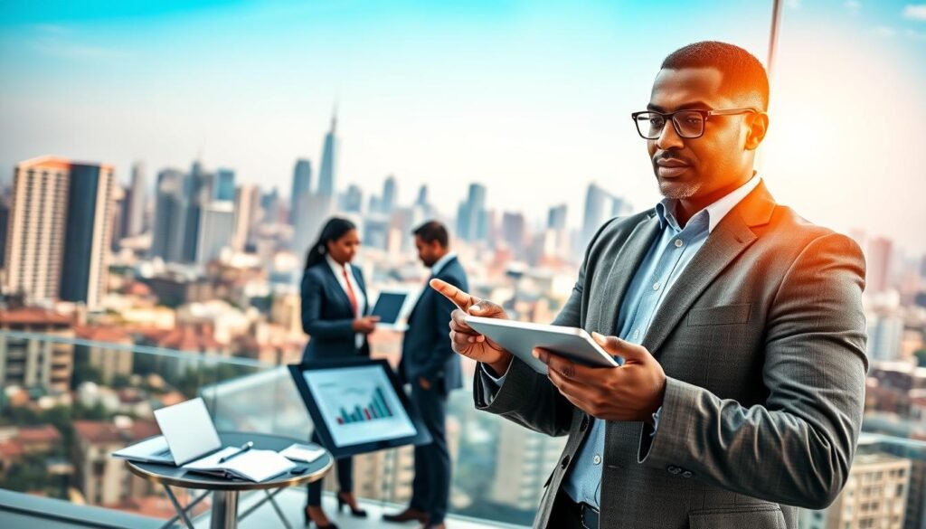 A confident entrepreneur in professional attire stands proudly in the foreground, examining a digital tablet displaying graphs and charts of past investment successes. In the middle ground, a diverse group of business people engage in discussion, surrounded by notes and laptops, symbolizing collaboration and innovation. The background features a bustling vibrant city skyline of an African metropolis, under a bright blue sky, reflecting growth and opportunity. Natural light streams in, illuminating the scene with a warm glow, emphasizing a sense of hope and potential. The composition captures a mood of achievement and ambition, emphasizing the theme of leveraging past experiences for future success in the startup ecosystem. A confident entrepreneur in professional attire stands proudly in the foreground, examining a digital tablet displaying graphs and charts of past investment successes. In the middle ground, a diverse group of business people engage in discussion, surrounded by notes and laptops, symbolizing collaboration and innovation. The background features a bustling vibrant city skyline of an African metropolis, under a bright blue sky, reflecting growth and opportunity. Natural light streams in, illuminating the scene with a warm glow, emphasizing a sense of hope and potential. The composition captures a mood of achievement and ambition, emphasizing the theme of leveraging past experiences for future success in the startup ecosystem.
