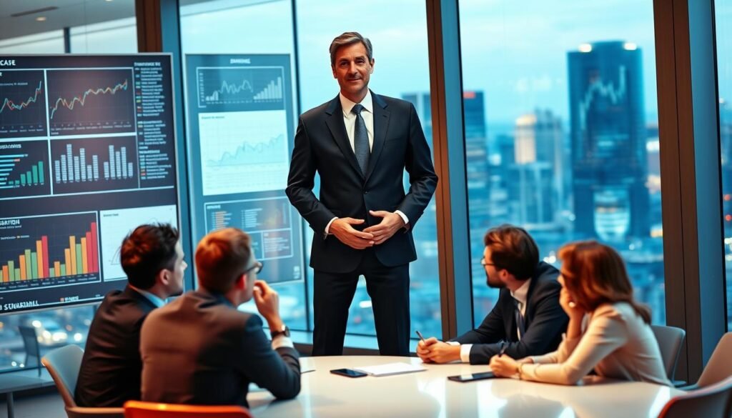 A distinguished male leader stands confidently in a modern office setting, surrounded by charts and digital displays showcasing strategic data. He is wearing a sharply tailored navy suit, with a crisp white shirt and a subtle tie, embodying professionalism. His expression is one of determination and insight as he monitors a lively discussion with colleagues in business attire engaged around a sleek conference table in the foreground. The soft glow of ambient lighting highlights the dynamic atmosphere, while large windows in the background reveal a vibrant cityscape, symbolizing opportunity and growth. The image conveys a mood of ambition and strategic foresight, capturing the essence of influential leadership in the entrepreneurial landscape. A distinguished male leader stands confidently in a modern office setting, surrounded by charts and digital displays showcasing strategic data. He is wearing a sharply tailored navy suit, with a crisp white shirt and a subtle tie, embodying professionalism. His expression is one of determination and insight as he monitors a lively discussion with colleagues in business attire engaged around a sleek conference table in the foreground. The soft glow of ambient lighting highlights the dynamic atmosphere, while large windows in the background reveal a vibrant cityscape, symbolizing opportunity and growth. The image conveys a mood of ambition and strategic foresight, capturing the essence of influential leadership in the entrepreneurial landscape.