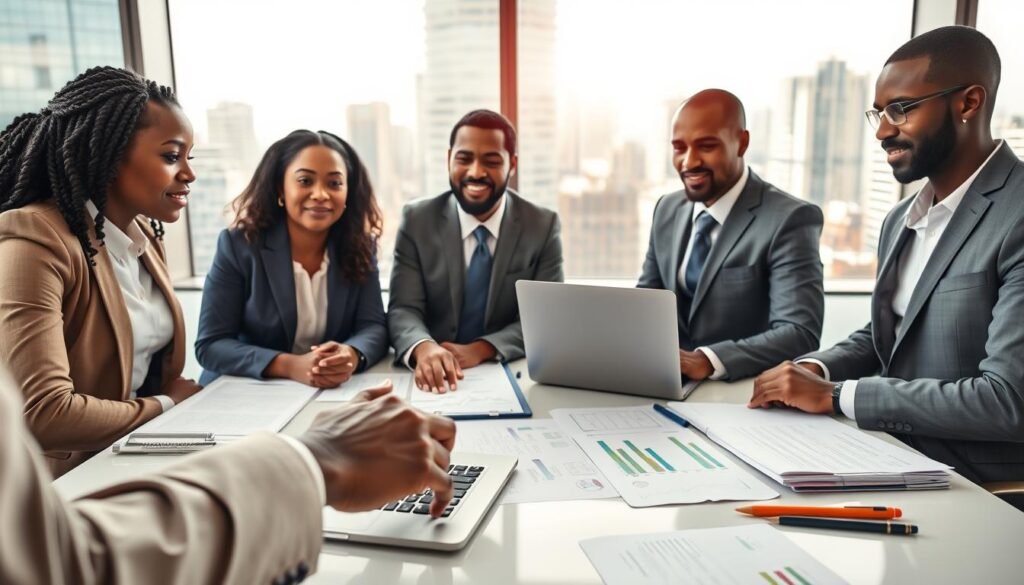 A diverse group of four professionals in smart business attire, engaged in a deep discussion around a modern conference table covered with documents, charts, and laptops, representing investment activities in African venture capital. In the foreground, a close-up of hands pointing at a financial chart on a laptop screen. In the middle ground, a whiteboard filled with notes and strategies regarding case studies of successful VC investments in technology sectors. The background features large windows revealing a bustling cityscape, symbolizing growth and innovation. The lighting is bright and dynamic, creating a professional and optimistic atmosphere. The scene should be captured from a slightly elevated angle to give a comprehensive view of the collaborative environment. A diverse group of four professionals in smart business attire, engaged in a deep discussion around a modern conference table covered with documents, charts, and laptops, representing investment activities in African venture capital. In the foreground, a close-up of hands pointing at a financial chart on a laptop screen. In the middle ground, a whiteboard filled with notes and strategies regarding case studies of successful VC investments in technology sectors. The background features large windows revealing a bustling cityscape, symbolizing growth and innovation. The lighting is bright and dynamic, creating a professional and optimistic atmosphere. The scene should be captured from a slightly elevated angle to give a comprehensive view of the collaborative environment.