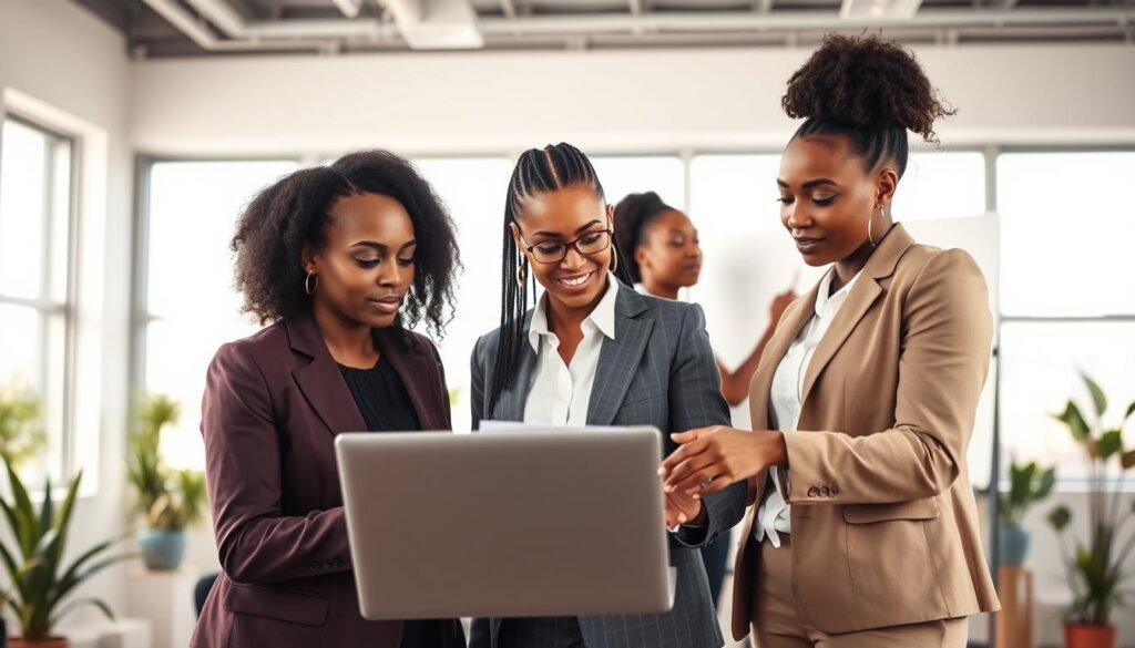 A diverse group of professional African women entrepreneurs in a modern office setting, showcasing collaboration and innovation. In the foreground, two women are engaged in a discussion over a laptop, one is of East African descent wearing a stylish blazer, while the other is of West African descent in a chic blouse. In the middle ground, a third woman, of North African descent, is brainstorming ideas on a whiteboard, wearing tailored business wear. The background features a bright and airy office with plants and contemporary décor, hinting at a vibrant work environment. Soft, natural lighting floods the room from large windows, creating an uplifting atmosphere. The scene captures the essence of empowerment and teamwork among women leaders in business in Africa. A diverse group of professional African women entrepreneurs in a modern office setting, showcasing collaboration and innovation. In the foreground, two women are engaged in a discussion over a laptop, one is of East African descent wearing a stylish blazer, while the other is of West African descent in a chic blouse. In the middle ground, a third woman, of North African descent, is brainstorming ideas on a whiteboard, wearing tailored business wear. The background features a bright and airy office with plants and contemporary décor, hinting at a vibrant work environment. Soft, natural lighting floods the room from large windows, creating an uplifting atmosphere. The scene captures the essence of empowerment and teamwork among women leaders in business in Africa.