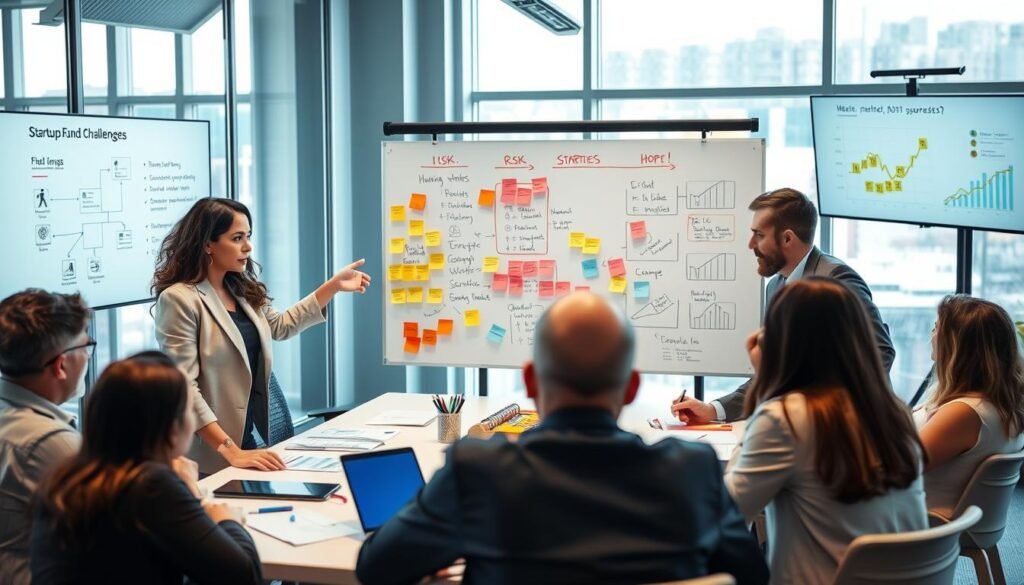 A diverse group of professional individuals engaged in a brainstorming session around a conference table, with visual representations of startup funding challenges scattered on the walls and screens. In the foreground, a confident woman in business attire gestures towards a complex flowchart illustrating various funding sources, while a thoughtful man takes notes. The middle features a whiteboard filled with sticky notes and graphs showing risks and funding obstacles, creating a dynamic and engaging environment. The background reveals a bright, modern office space with large windows allowing natural light to illuminate the scene, creating a sense of hope and determination. The atmosphere is one of collaboration and innovation, highlighting the journey of navigating challenges in startup funding. A diverse group of professional individuals engaged in a brainstorming session around a conference table, with visual representations of startup funding challenges scattered on the walls and screens. In the foreground, a confident woman in business attire gestures towards a complex flowchart illustrating various funding sources, while a thoughtful man takes notes. The middle features a whiteboard filled with sticky notes and graphs showing risks and funding obstacles, creating a dynamic and engaging environment. The background reveals a bright, modern office space with large windows allowing natural light to illuminate the scene, creating a sense of hope and determination. The atmosphere is one of collaboration and innovation, highlighting the journey of navigating challenges in startup funding.