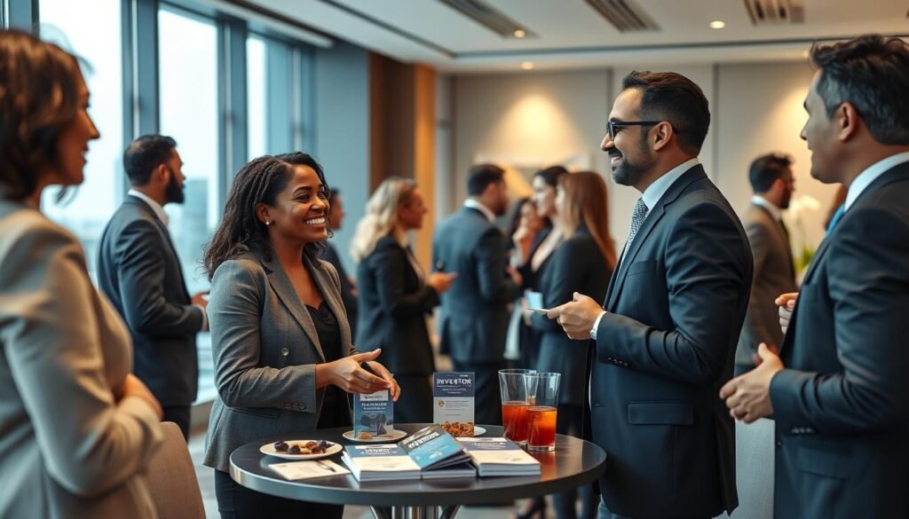A diverse group of professional individuals engaged in a lively networking event, set in a modern, elegant conference room with large windows showcasing a skyline view. In the foreground, a Black woman in a smart blazer converses animatedly with a South Asian man in formal attire, both exchanging business cards, symbolizing mentorship. In the middle, a table with refreshments and brochures about startup funding, emphasizing the collaborative atmosphere. The background features soft lighting enhancing the professionalism and warmth of the scene, with subtle decorations reflecting innovation and growth. The overall mood is dynamic and inspiring, conveying the importance of building strong investor networks and mentorship connections. A diverse group of professional individuals engaged in a lively networking event, set in a modern, elegant conference room with large windows showcasing a skyline view. In the foreground, a Black woman in a smart blazer converses animatedly with a South Asian man in formal attire, both exchanging business cards, symbolizing mentorship. In the middle, a table with refreshments and brochures about startup funding, emphasizing the collaborative atmosphere. The background features soft lighting enhancing the professionalism and warmth of the scene, with subtle decorations reflecting innovation and growth. The overall mood is dynamic and inspiring, conveying the importance of building strong investor networks and mentorship connections.