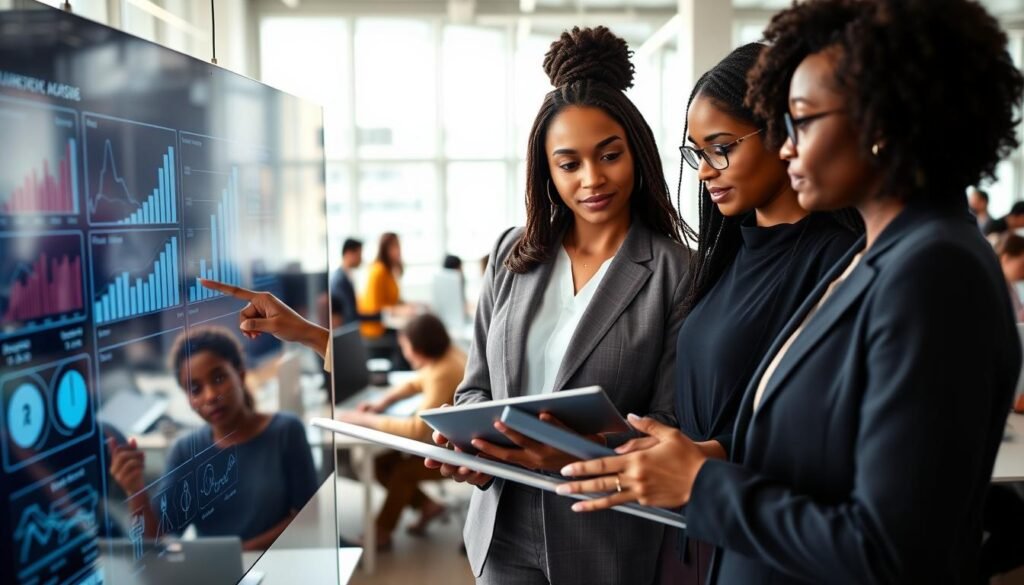 A diverse group of professional women analyzing data related to entrepreneurship, standing around a large digital touchscreen display filled with graphs and statistics. In the foreground, a Black woman in a smart blazer points at a bar chart, while an Asian woman alongside her takes notes on a digital tablet. In the background, a bright office environment is bustling with soft natural light filtering through large windows, creating an inviting atmosphere. Several other women from various ethnic backgrounds can be seen collaborating at different workstations, each engaged in discussions. The camera angle is slightly overhead, capturing a sense of teamwork and focus. The overall mood is one of empowerment and innovation, emphasizing the pivotal role of women in shaping entrepreneurial landscapes in Africa. A diverse group of professional women analyzing data related to entrepreneurship, standing around a large digital touchscreen display filled with graphs and statistics. In the foreground, a Black woman in a smart blazer points at a bar chart, while an Asian woman alongside her takes notes on a digital tablet. In the background, a bright office environment is bustling with soft natural light filtering through large windows, creating an inviting atmosphere. Several other women from various ethnic backgrounds can be seen collaborating at different workstations, each engaged in discussions. The camera angle is slightly overhead, capturing a sense of teamwork and focus. The overall mood is one of empowerment and innovation, emphasizing the pivotal role of women in shaping entrepreneurial landscapes in Africa.