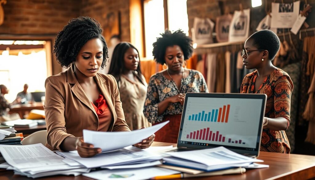 A diverse group of women entrepreneurs in Africa, showcasing various challenges in the business landscape. In the foreground, a confident woman in professional attire examining documents on a desk cluttered with business plans and market research materials. In the middle ground, another woman engages in a discussion with a mentor, pointing at a laptop displaying financial graphs. The background features a bustling market scene with handmade goods, symbolizing local entrepreneurship. Warm, natural lighting filters in through a window, creating an optimistic and empowering atmosphere. The image captures determination and resilience, illustrating the unique and multifaceted challenges faced by women in business across the African continent. A diverse group of women entrepreneurs in Africa, showcasing various challenges in the business landscape. In the foreground, a confident woman in professional attire examining documents on a desk cluttered with business plans and market research materials. In the middle ground, another woman engages in a discussion with a mentor, pointing at a laptop displaying financial graphs. The background features a bustling market scene with handmade goods, symbolizing local entrepreneurship. Warm, natural lighting filters in through a window, creating an optimistic and empowering atmosphere. The image captures determination and resilience, illustrating the unique and multifaceted challenges faced by women in business across the African continent.