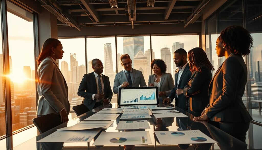 A dynamic and modern office environment in a bustling cityscape of Africa, showcasing the evolving trends in private capital. In the foreground, a diverse group of professionals in business attire engages in a discussion around a digital tablet displaying investment data and charts. The middle ground features a sleek conference table with financial reports and graphs, illuminated by warm, natural light streaming through large windows. The background showcases an urban skyline with skyscrapers, symbolizing growth and opportunity in the venture capital space. The atmosphere is energetic and optimistic, reflecting innovation and collaboration in Africa’s private capital ecosystem. Use a slightly elevated angle to enhance depth and perspective, creating a vibrant and engaging visual narrative that captures the essence of investment trends in Africa. A dynamic and modern office environment in a bustling cityscape of Africa, showcasing the evolving trends in private capital. In the foreground, a diverse group of professionals in business attire engages in a discussion around a digital tablet displaying investment data and charts. The middle ground features a sleek conference table with financial reports and graphs, illuminated by warm, natural light streaming through large windows. The background showcases an urban skyline with skyscrapers, symbolizing growth and opportunity in the venture capital space. The atmosphere is energetic and optimistic, reflecting innovation and collaboration in Africa’s private capital ecosystem. Use a slightly elevated angle to enhance depth and perspective, creating a vibrant and engaging visual narrative that captures the essence of investment trends in Africa.