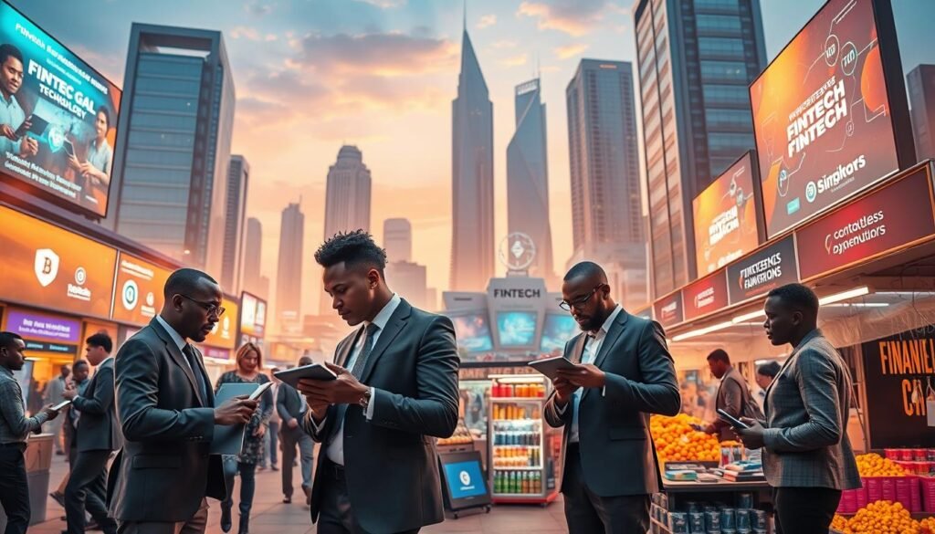 A dynamic and vibrant fintech marketplace scene set in Africa, showcasing a futuristic cityscape in the background with sleek skyscrapers and digital billboards highlighting financial technology innovations. In the foreground, a diverse group of professionals in smart business attire engage in discussions, analyzing data on tablets and laptops. The middle layer features a bustling market atmosphere with stalls displaying fintech products and services, including contactless payment systems and cryptocurrencies. Bright, ambient lighting evokes a sense of optimism and growth, casting a warm glow over the scene. Use a wide-angle lens to capture the expansive view, emphasizing the interplay between technology and commerce in a modern African context. The overall mood is energetic and forward-looking, symbolizing the rapid evolution of the fintech landscape. A dynamic and vibrant fintech marketplace scene set in Africa, showcasing a futuristic cityscape in the background with sleek skyscrapers and digital billboards highlighting financial technology innovations. In the foreground, a diverse group of professionals in smart business attire engage in discussions, analyzing data on tablets and laptops. The middle layer features a bustling market atmosphere with stalls displaying fintech products and services, including contactless payment systems and cryptocurrencies. Bright, ambient lighting evokes a sense of optimism and growth, casting a warm glow over the scene. Use a wide-angle lens to capture the expansive view, emphasizing the interplay between technology and commerce in a modern African context. The overall mood is energetic and forward-looking, symbolizing the rapid evolution of the fintech landscape.