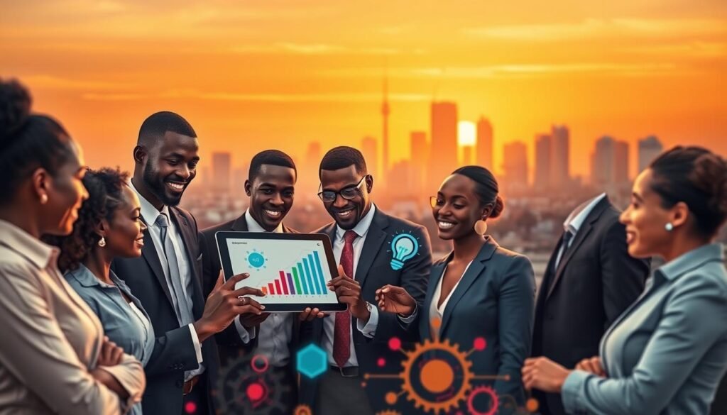 A dynamic and visually compelling illustration of key investment drivers within Africa’s startup ecosystem. In the foreground, diverse entrepreneurs and business professionals in smart business attire engage in discussion over a digital tablet, showcasing charts and graphs. The middle ground features elements representing technology and innovation, such as gears, light bulbs, and circuit patterns in a blend of vibrant colors indicating growth and opportunity. In the background, a silhouette of a bustling city skyline under a sunset, representing a thriving business environment. Soft, warm lighting to create an optimistic and energetic mood, with a slight lens blur effect to emphasize the foreground. The overall atmosphere should convey enthusiasm, collaboration, and the forward momentum of Africa's entrepreneurial landscape without any text or distractions. A dynamic and visually compelling illustration of key investment drivers within Africa’s startup ecosystem. In the foreground, diverse entrepreneurs and business professionals in smart business attire engage in discussion over a digital tablet, showcasing charts and graphs. The middle ground features elements representing technology and innovation, such as gears, light bulbs, and circuit patterns in a blend of vibrant colors indicating growth and opportunity. In the background, a silhouette of a bustling city skyline under a sunset, representing a thriving business environment. Soft, warm lighting to create an optimistic and energetic mood, with a slight lens blur effect to emphasize the foreground. The overall atmosphere should convey enthusiasm, collaboration, and the forward momentum of Africa's entrepreneurial landscape without any text or distractions.