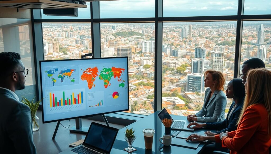 A dynamic and visually engaging scene of venture capital data analysis in Africa. In the foreground, a diverse group of professionals in business attire is gathered around a large digital screen displaying colorful graphs, charts, and maps illustrating venture capital trends in Africa. The middle layer features a sleek modern workspace with laptops, notebooks, and coffee cups, reflecting a collaborative atmosphere. In the background, large windows reveal a vibrant cityscape of an African city, filled with both traditional and modern architecture under bright daylight. The lighting is warm and inviting, enhancing the professional yet creative mood. The camera angle is slightly elevated, giving a comprehensive view of the scene while maintaining focus on the engaged individuals and the data displayed. A dynamic and visually engaging scene of venture capital data analysis in Africa. In the foreground, a diverse group of professionals in business attire is gathered around a large digital screen displaying colorful graphs, charts, and maps illustrating venture capital trends in Africa. The middle layer features a sleek modern workspace with laptops, notebooks, and coffee cups, reflecting a collaborative atmosphere. In the background, large windows reveal a vibrant cityscape of an African city, filled with both traditional and modern architecture under bright daylight. The lighting is warm and inviting, enhancing the professional yet creative mood. The camera angle is slightly elevated, giving a comprehensive view of the scene while maintaining focus on the engaged individuals and the data displayed.