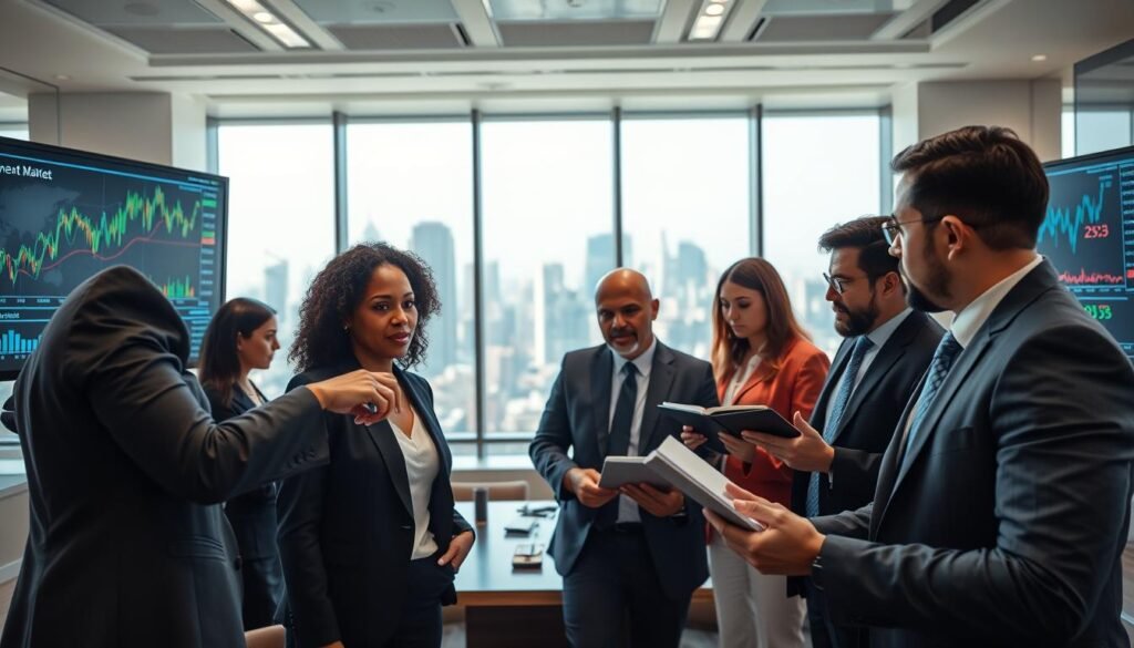 A dynamic conference room scene where a diverse group of professionals in business attire analyze investment opportunities, surrounded by digital screens displaying fluctuating market trends and global maps. In the foreground, a Black woman points at a digital chart, while a Middle-Eastern man takes notes on a tablet. The middle ground features monitors showcasing graphs and financial data, with bright, modern lighting illuminating the space. In the background, large windows provide a view of a vibrant cityscape, symbolizing growth and potential. The atmosphere is focused and energetic, reflecting a blend of collaboration and ambition, emphasizing innovation in investment strategies. The image is captured from a slightly elevated angle to encompass the entire scene, ensuring a professional and inspiring tone. A dynamic conference room scene where a diverse group of professionals in business attire analyze investment opportunities, surrounded by digital screens displaying fluctuating market trends and global maps. In the foreground, a Black woman points at a digital chart, while a Middle-Eastern man takes notes on a tablet. The middle ground features monitors showcasing graphs and financial data, with bright, modern lighting illuminating the space. In the background, large windows provide a view of a vibrant cityscape, symbolizing growth and potential. The atmosphere is focused and energetic, reflecting a blend of collaboration and ambition, emphasizing innovation in investment strategies. The image is captured from a slightly elevated angle to encompass the entire scene, ensuring a professional and inspiring tone.