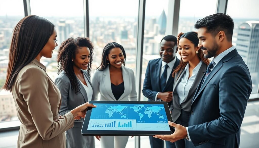A dynamic corporate scene depicting the concept of mergers and acquisitions in the African fintech sector. In the foreground, a diverse group of professionals in formal business attire engages in a lively discussion around a digital tablet showcasing financial graphs and maps. In the middle ground, a modern office environment features large glass windows with views of a bustling cityscape, symbolizing growth and expansion. The background highlights iconic African city landmarks to signify regional consolidation. Soft, natural lighting filters through the windows, creating an optimistic and forward-thinking atmosphere. The angle is slightly elevated, capturing all elements cohesively, emphasizing collaboration and innovation in the fintech industry. A dynamic corporate scene depicting the concept of mergers and acquisitions in the African fintech sector. In the foreground, a diverse group of professionals in formal business attire engages in a lively discussion around a digital tablet showcasing financial graphs and maps. In the middle ground, a modern office environment features large glass windows with views of a bustling cityscape, symbolizing growth and expansion. The background highlights iconic African city landmarks to signify regional consolidation. Soft, natural lighting filters through the windows, creating an optimistic and forward-thinking atmosphere. The angle is slightly elevated, capturing all elements cohesively, emphasizing collaboration and innovation in the fintech industry.