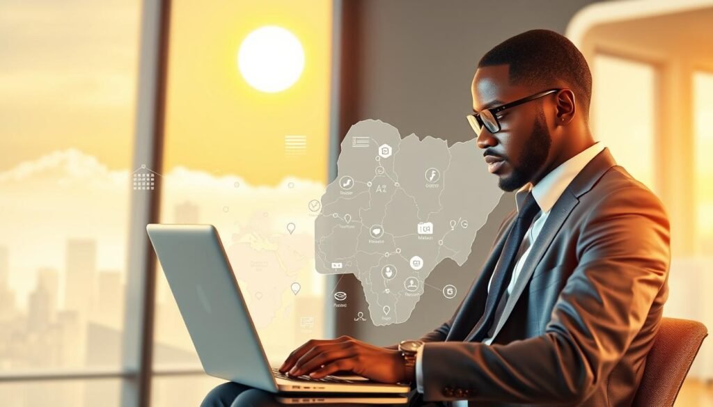 A dynamic digital marketing scene illustrating SEO and search engine visibility in Nigeria. In the foreground, a professional business person in smart attire is engaged with a laptop, analyzing website analytics and SEO metrics, showing graphs and keywords on the screen. In the middle ground, a stylized map of Nigeria is displayed, dotted with icons like search engines and digital marketing tools, symbolizing various regions of digital reach. The background features soft, blurred outlines of urban landscapes with tech hubs and startups, under a bright, optimistic sky. The lighting is warm and inviting, creating a collaborative atmosphere. The overall mood conveys innovation, growth, and opportunity in the digital marketing landscape. A dynamic digital marketing scene illustrating SEO and search engine visibility in Nigeria. In the foreground, a professional business person in smart attire is engaged with a laptop, analyzing website analytics and SEO metrics, showing graphs and keywords on the screen. In the middle ground, a stylized map of Nigeria is displayed, dotted with icons like search engines and digital marketing tools, symbolizing various regions of digital reach. The background features soft, blurred outlines of urban landscapes with tech hubs and startups, under a bright, optimistic sky. The lighting is warm and inviting, creating a collaborative atmosphere. The overall mood conveys innovation, growth, and opportunity in the digital marketing landscape.