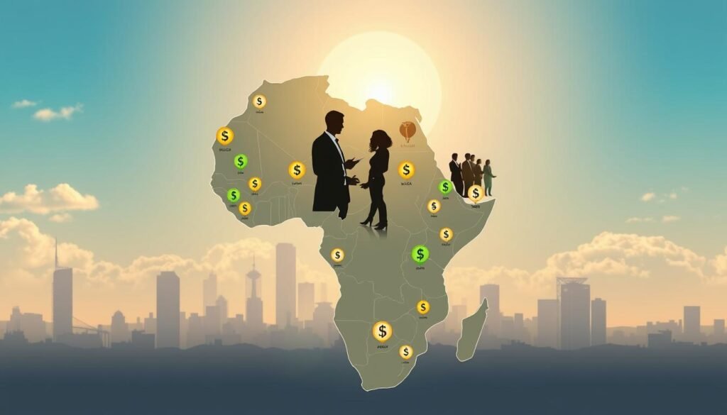 A dynamic illustration showcasing the regional distribution of billionaires in Africa. In the foreground, a detailed map of Africa marked with various icons representing billionaires’ locations, each symbol varying in size to indicate wealth, and depicted in vibrant shades like gold and green. The middle layer features silhouettes of successful entrepreneurs in professional business attire, symbolizing the innovative spirit of Africa's wealthy elite, engaged in discussions or brainstorming. In the background, a subtle yet inspiring skyline of major African cities like Lagos, Johannesburg, and Nairobi, under a bright, optimistic daytime sky with soft sunlight illuminating the scene. The mood is one of opportunity, growth, and entrepreneurial ambition, inviting viewers to explore the wealth landscape of Africa. A dynamic illustration showcasing the regional distribution of billionaires in Africa. In the foreground, a detailed map of Africa marked with various icons representing billionaires’ locations, each symbol varying in size to indicate wealth, and depicted in vibrant shades like gold and green. The middle layer features silhouettes of successful entrepreneurs in professional business attire, symbolizing the innovative spirit of Africa's wealthy elite, engaged in discussions or brainstorming. In the background, a subtle yet inspiring skyline of major African cities like Lagos, Johannesburg, and Nairobi, under a bright, optimistic daytime sky with soft sunlight illuminating the scene. The mood is one of opportunity, growth, and entrepreneurial ambition, inviting viewers to explore the wealth landscape of Africa.