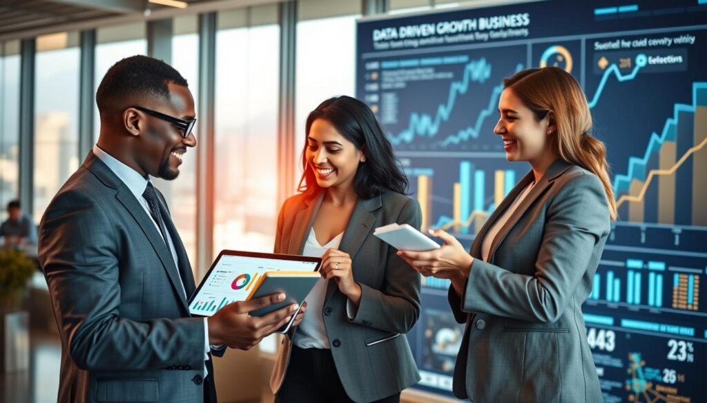 A dynamic office scene illustrating data-driven decision making for business growth. In the foreground, a diverse team of three professionals—one Black man in a well-fitted suit, one South Asian woman in a stylish blazer, and one Caucasian woman in smart casual attire—are engaged in an animated discussion around a digital tablet displaying colorful graphs and charts. The middle ground features a large glass window revealing a bustling cityscape. In the background, a large digital display shows data analytics and growth projections. The lighting is bright and modern, with natural daylight filtering through the window, creating an energetic and optimistic atmosphere. The composition captures collaboration, innovation, and the transformative power of data in a contemporary business environment. A dynamic office scene illustrating data-driven decision making for business growth. In the foreground, a diverse team of three professionals—one Black man in a well-fitted suit, one South Asian woman in a stylish blazer, and one Caucasian woman in smart casual attire—are engaged in an animated discussion around a digital tablet displaying colorful graphs and charts. The middle ground features a large glass window revealing a bustling cityscape. In the background, a large digital display shows data analytics and growth projections. The lighting is bright and modern, with natural daylight filtering through the window, creating an energetic and optimistic atmosphere. The composition captures collaboration, innovation, and the transformative power of data in a contemporary business environment.